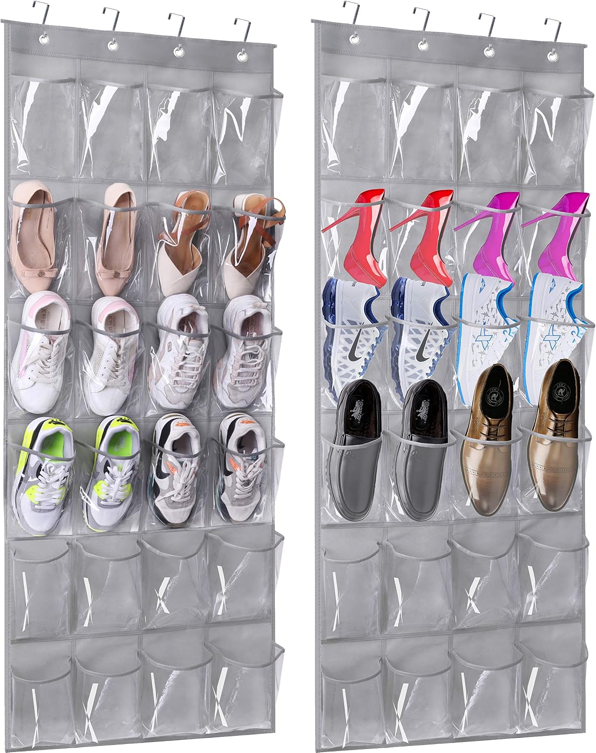 MISSLO Over The Door Hanging Shoe Organizer 24 Large Clear pvc Pockets Shoe Storage Hanging Shoe Holder, 2 Packs, Gray