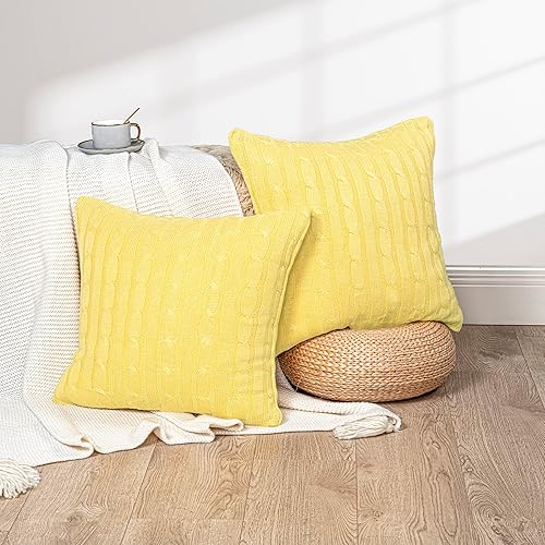 Miniatura 3 de Home Soft Things Juego de 2 fundas de almohada decorativas de punto trenzado, color amarillo jojoba con hilo plateado metálico, funda cuadrada de 20