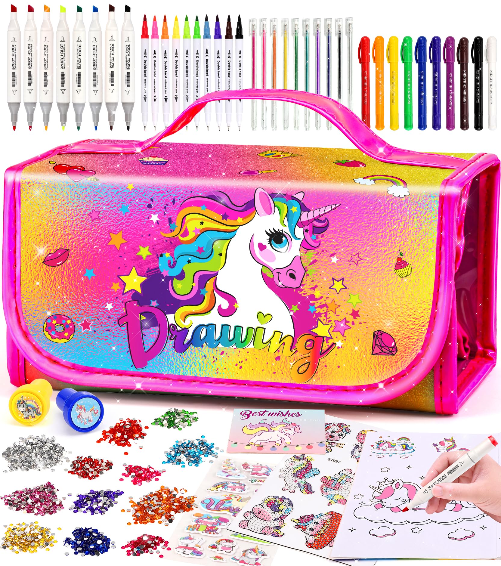 Ophy Juegos de Pintura - Rotuladores de Colores para Niñas con Pegatinas de Diamantes Arte para Artesanía Marcadores Lavables Juego de Papelería Bolígrafo Doble Libro para Colorear Regalos para Niñas