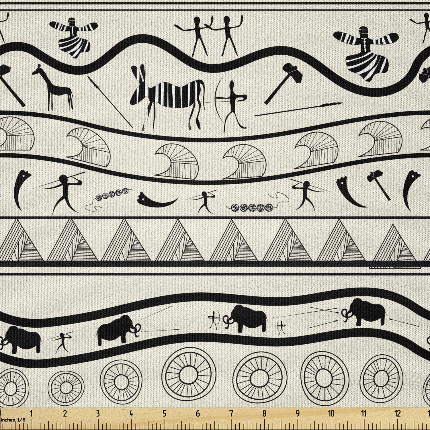 Lunarable African Fabric by The Yard, Doodle Style Composition of Cave Paintings Hunting Tale Folklore, Microfiber Fabric for Arts and Crafts Textiles & Decor, 1 Yard, Beige Black