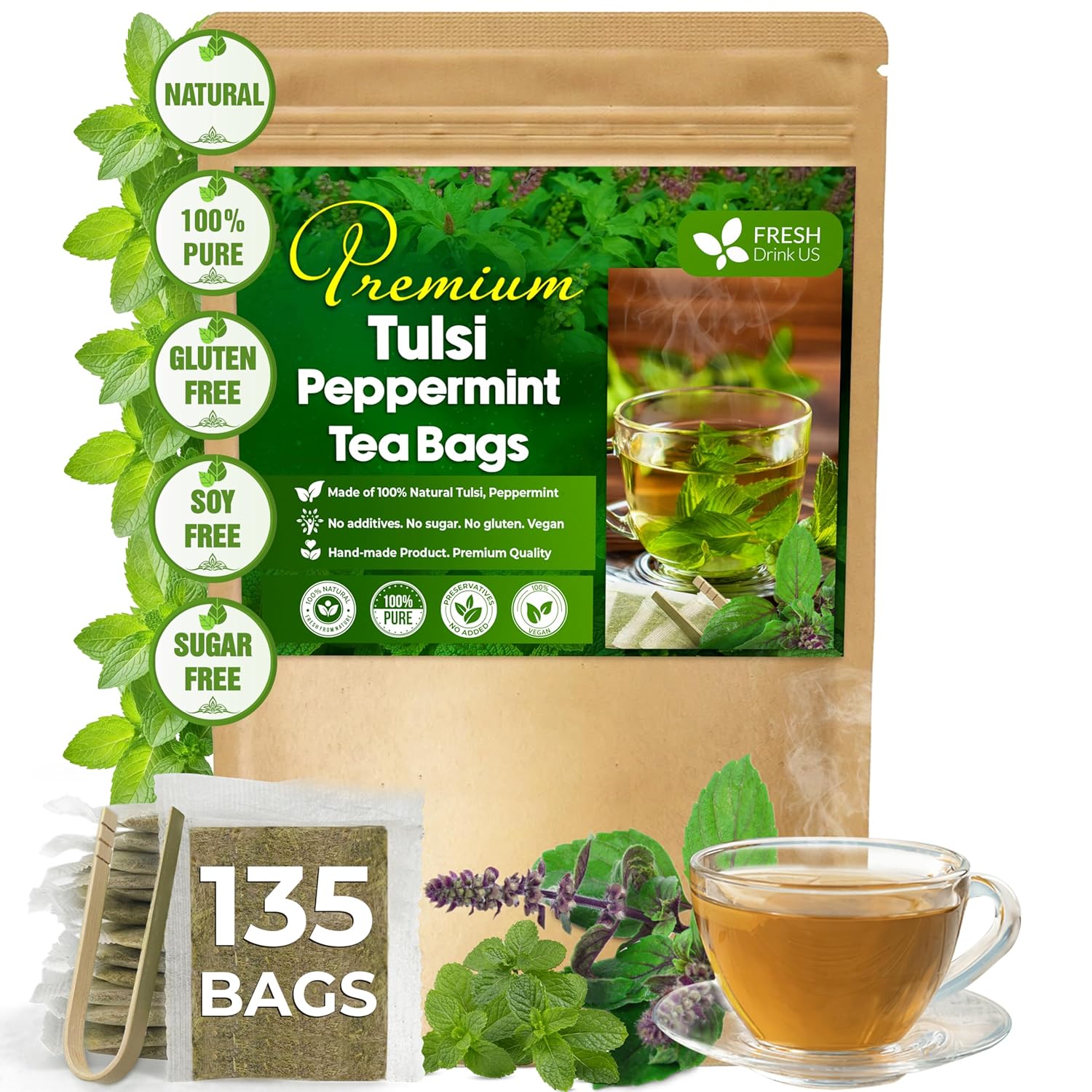 FreshDrinkUS, Premium Tulsi Peppermint Herbal Tea – 135 Tea Bags, 100% Natural, Blend of Tulsi Holy Basil Leaves, and Peppermint Leaves. Made with Natural Material Tea Bags. No Sugar, Vegan.