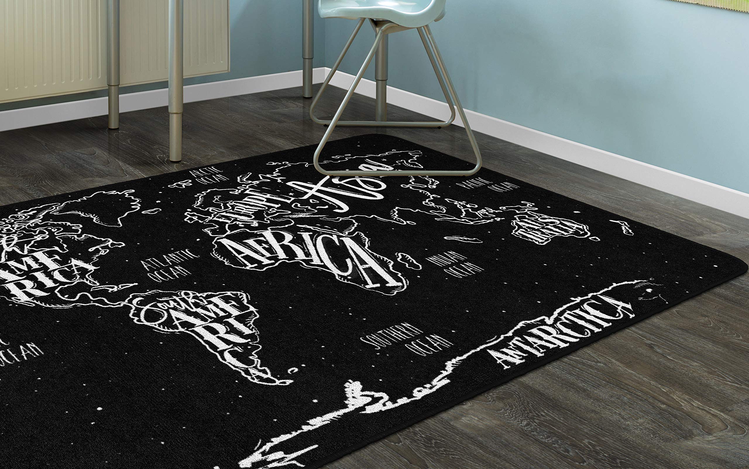 Flagship Carpets Modern World Map Area Rug for Classroom, Office, Home and School Playroom Mat, Kids Bedroom Carpet, 4' x 6', Black