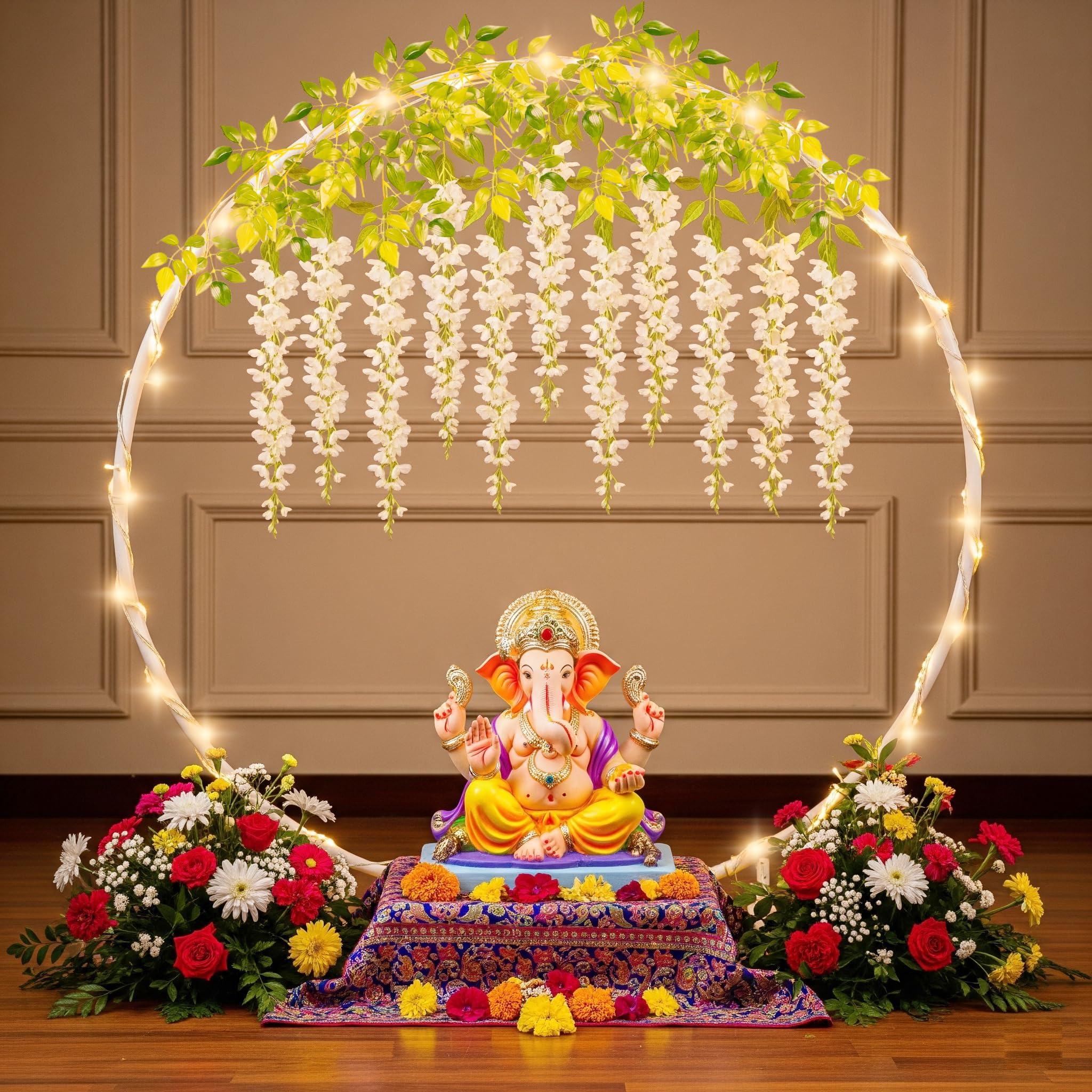 SpecialYou® Ganpati Decoration Setup for Home with PVC White Decoration Stand for Backdrop for Pooja, 3Mtr Light & 6 White Wisteria, Ganesh Decorations Items for Home Decor- 8Pcs-image-0