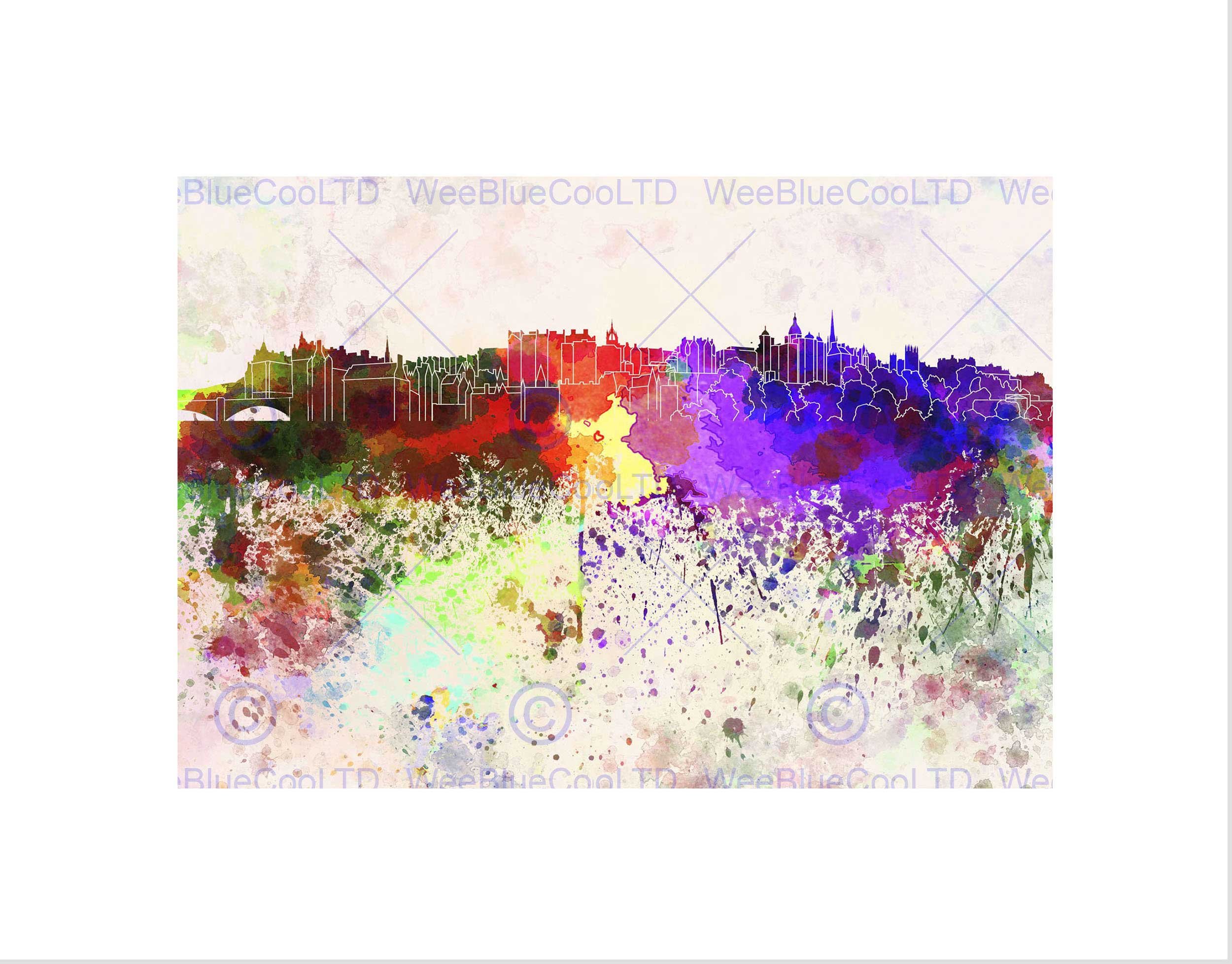 Wee Blue Coo Painting Cityscape Edinburgh Skyline Paint Splash Wall Art Print