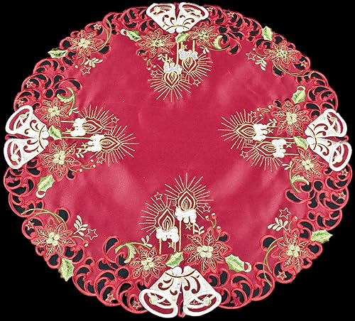 Miniatura 2 de Campanas blancas bordadas, hilo dorado de vela de Navidad, hojas verdes redondas (24 pulgadas redondas)