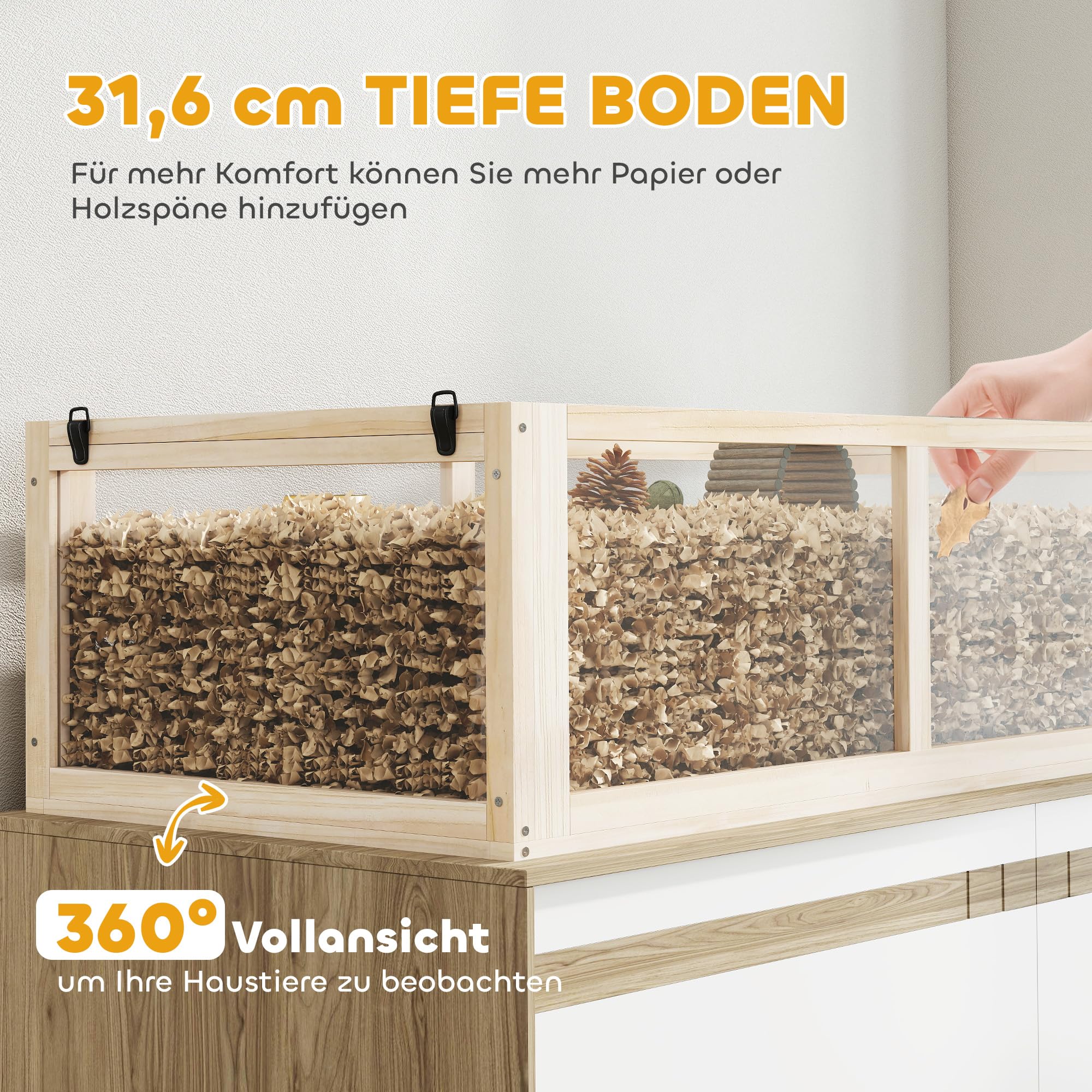 PawHut Jaula de madera para hámster de 3 niveles, 95 x 53 x 76 cm, jaula para roedores pequeños con balancín, rueda, cabaña profunda, jaula para ratones para hámster enano, madera natural