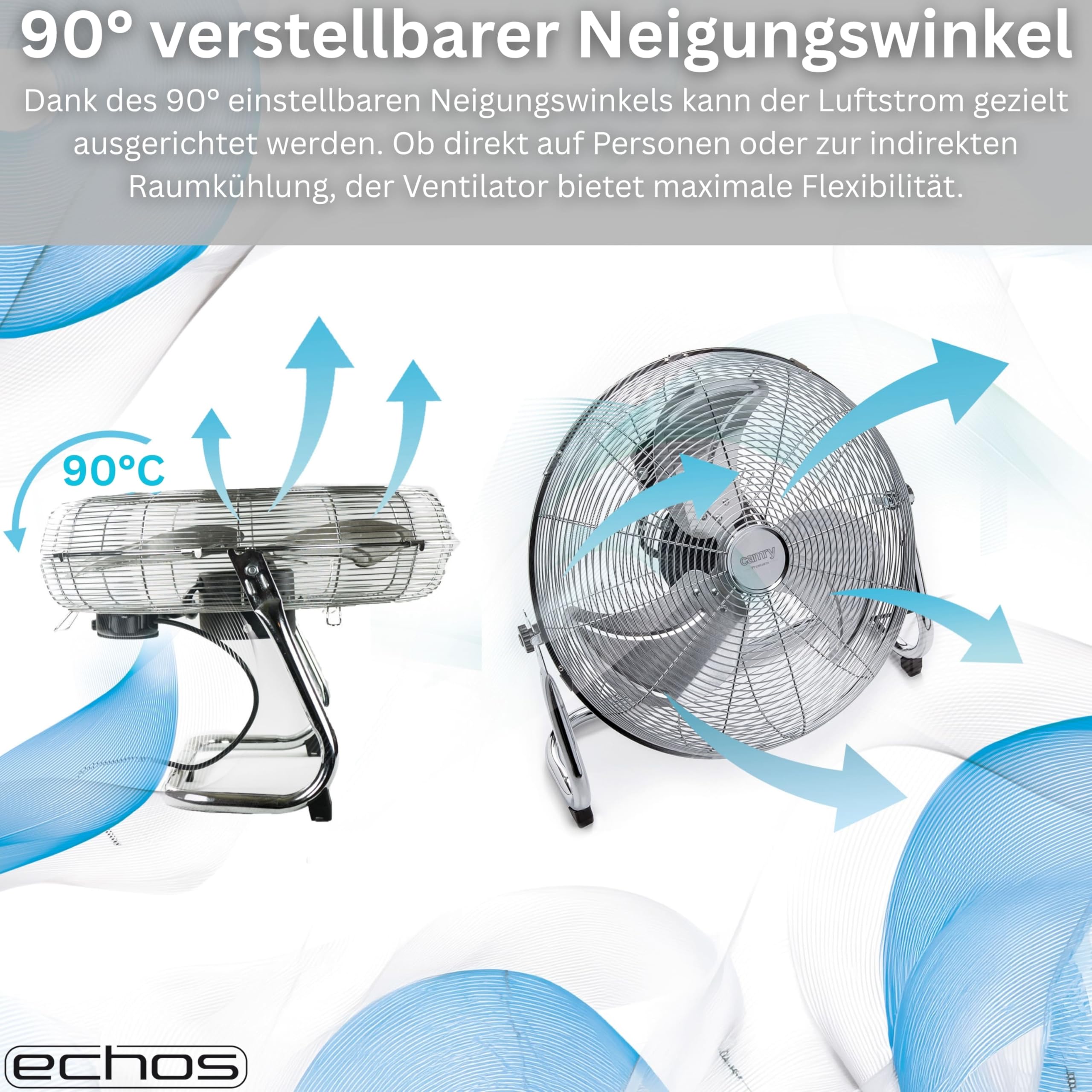 Echos® Bodenventilator Metall 46 cm – 100W Hochleistungs Ventilator leise, 3 Stufen, 90° neigbar, Industrie Ventilator mit starkem Luftstrom 102 m³/min, Standventilator für Werkstatt, Büro & Zuhause