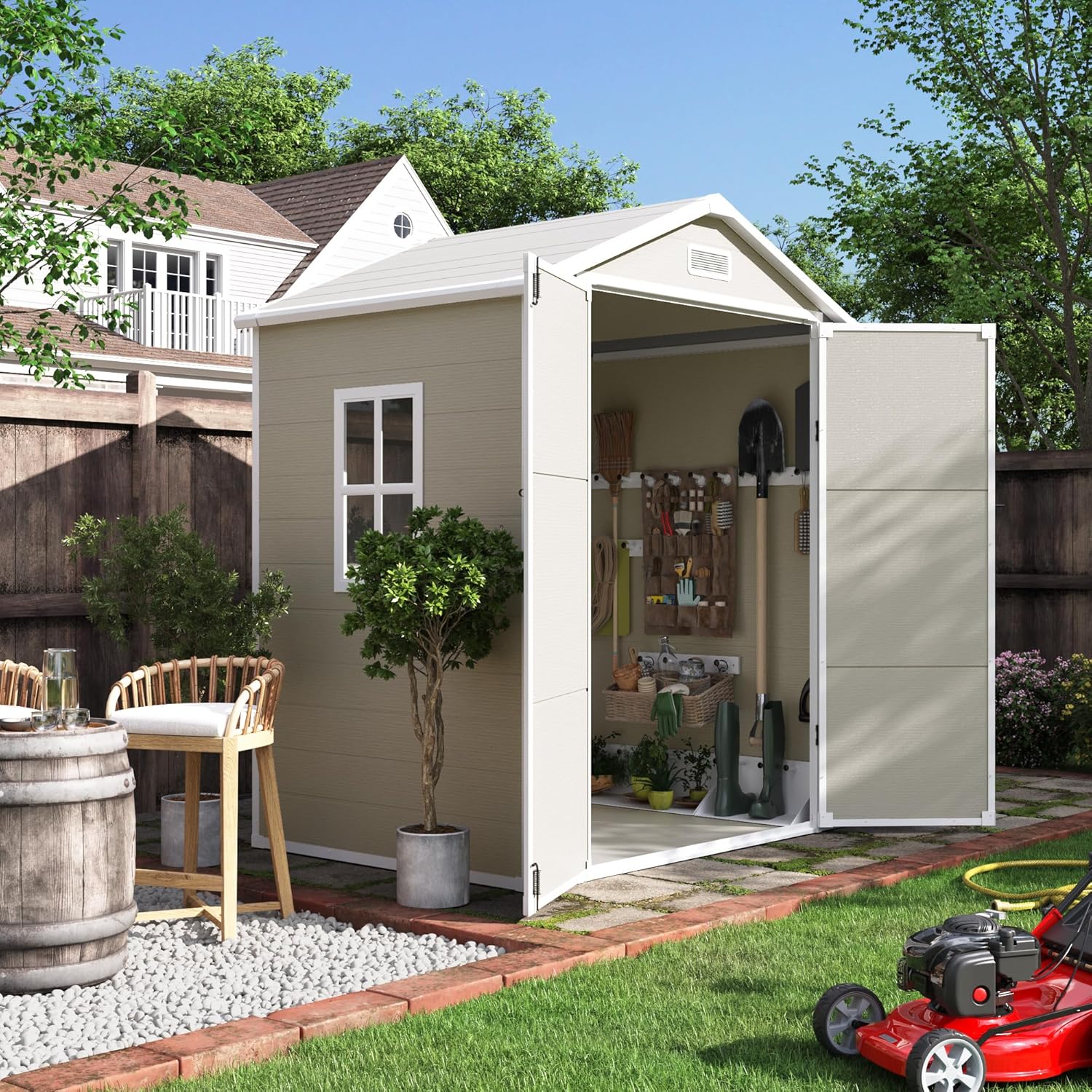 UDPATIO Outdoor Storage Shed 6x4.5 FT, Plastic Sheds & Resin Outside Storage for Trash Can, Bike, Lawnmower, Generator, Tool Shed with Lockable Door for Backyard, Lawn, Patio, Sandstone