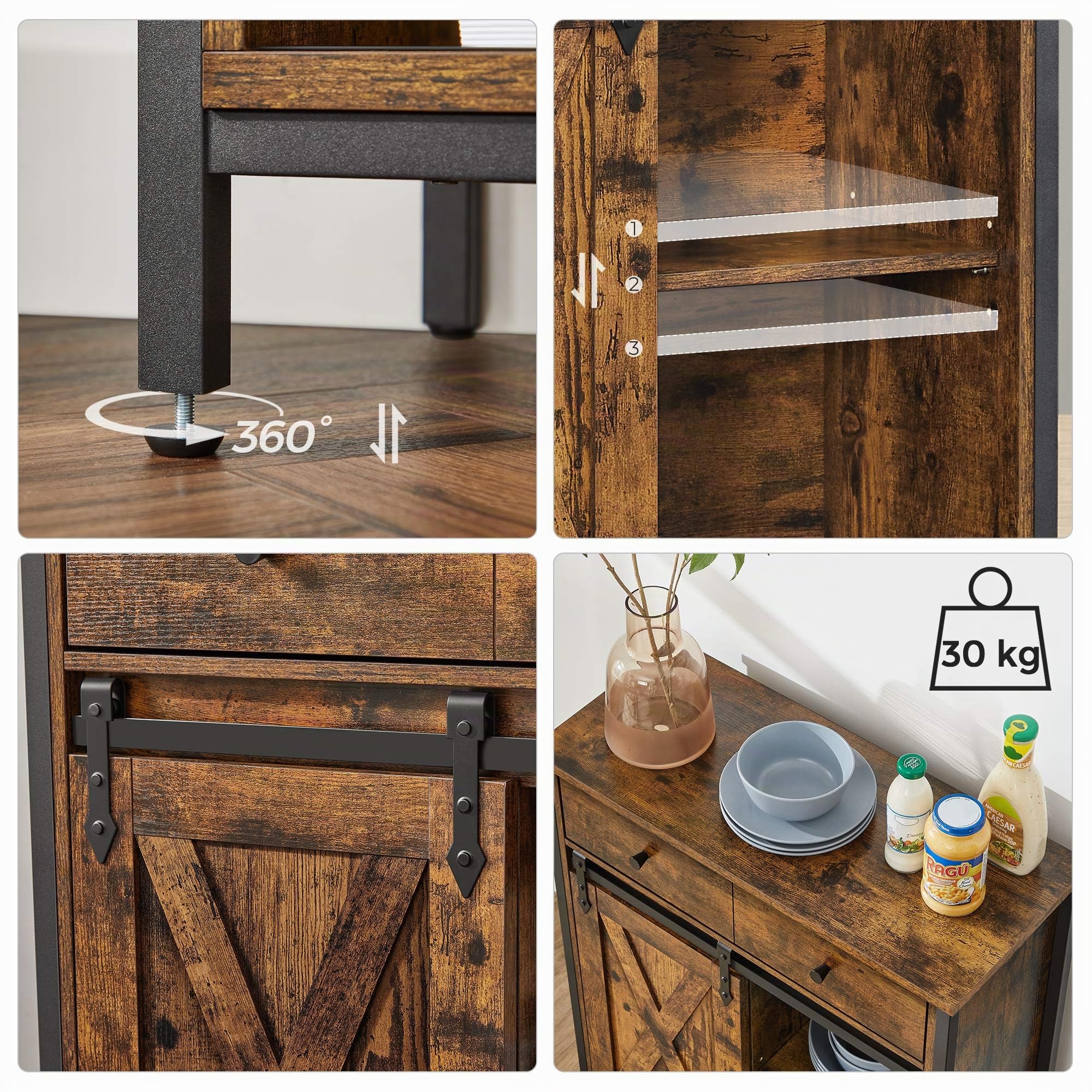 VASAGLE Sideboard, KÜchenschrank, Aufbewahrungsschrank, mit SchiebetÜr, 30 x 70 x 80 cm, verstellbare Ablage, Landhausstil, fÜr Wohnzimmer, vintagebraun-schwarz LSC100B01