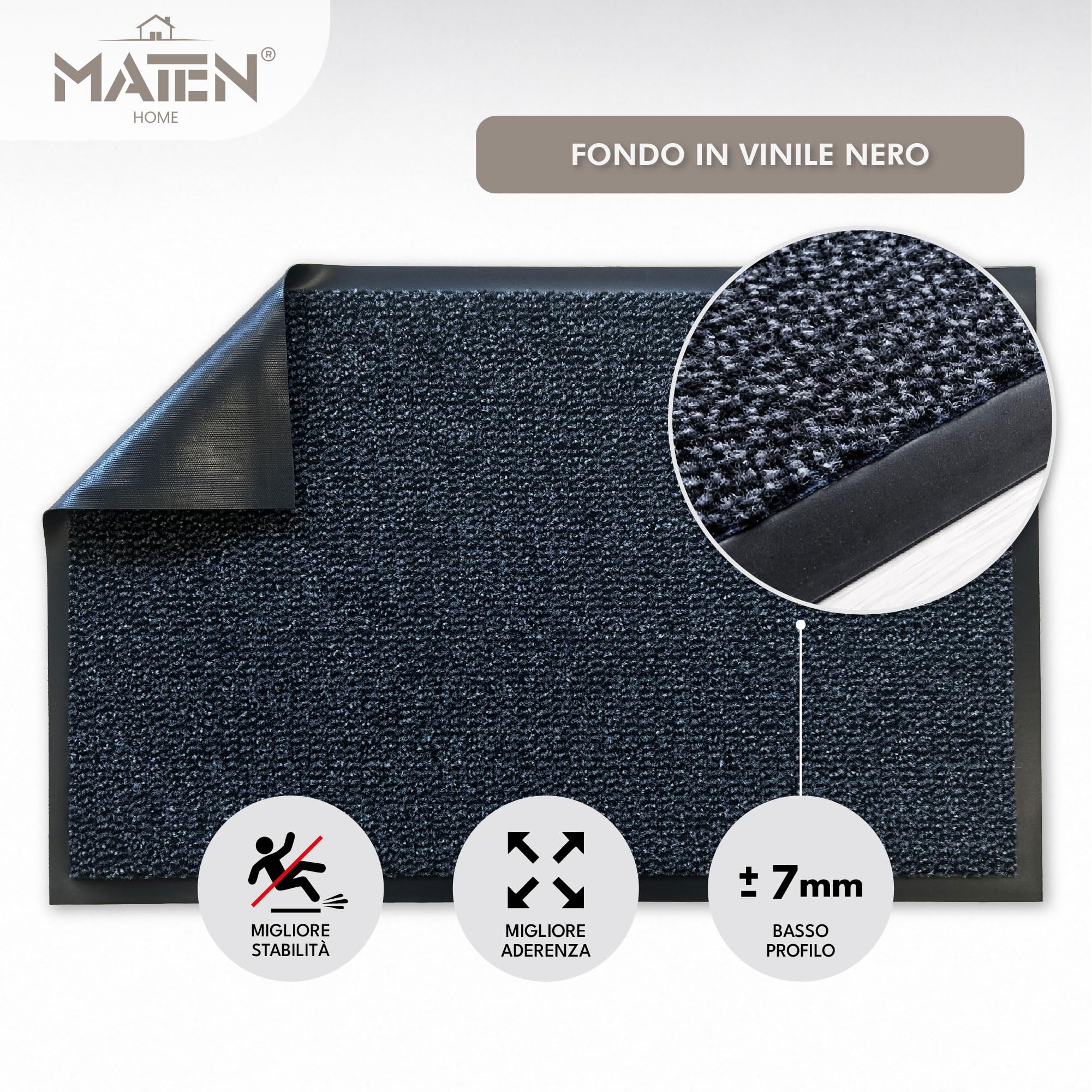 MATEN Basic Asciugapassi – Zerbino Ingresso Antiscivolo Assorbente in Tessuto assorbente e Vinile | Tappeto Antipioggia per Porta Casa, Ufficio e Condominio | 150x90 | Made in Italy