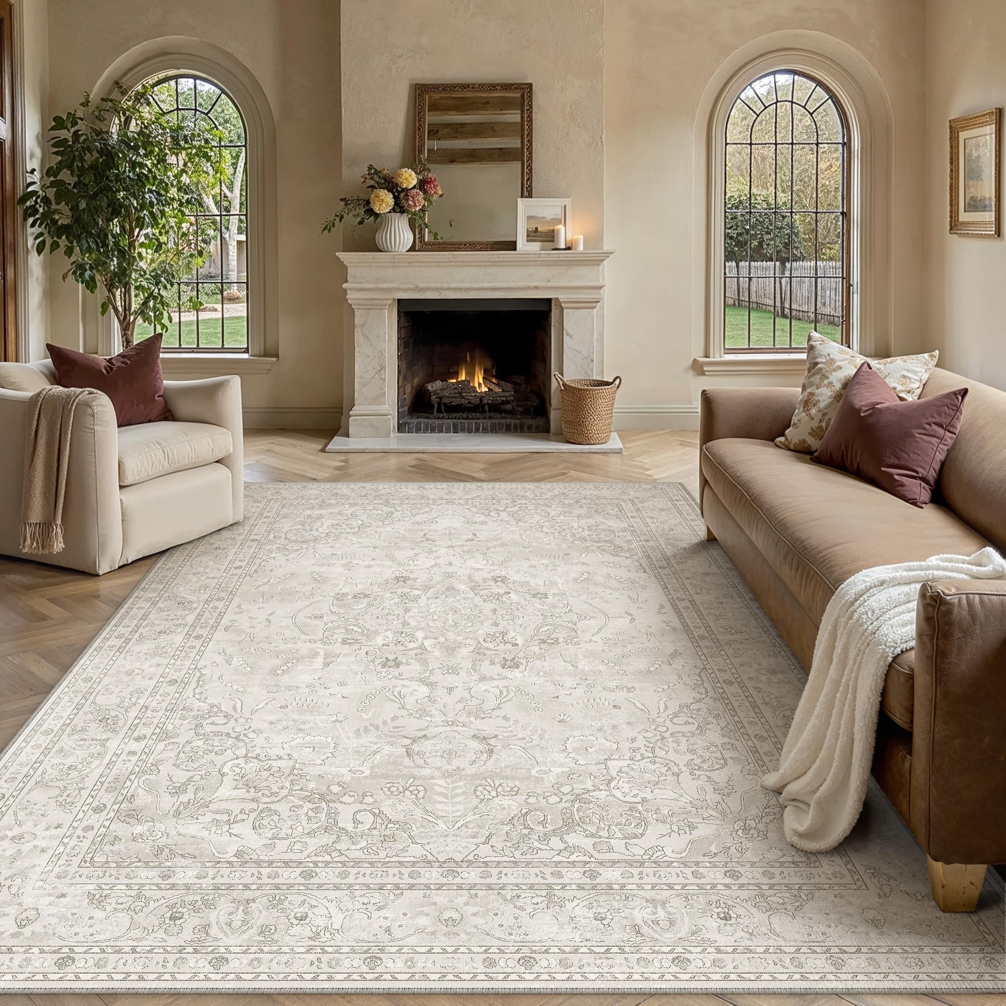 PureCozy Vintage Rugs Living Room Washable Large Rug 300x400cm Beige