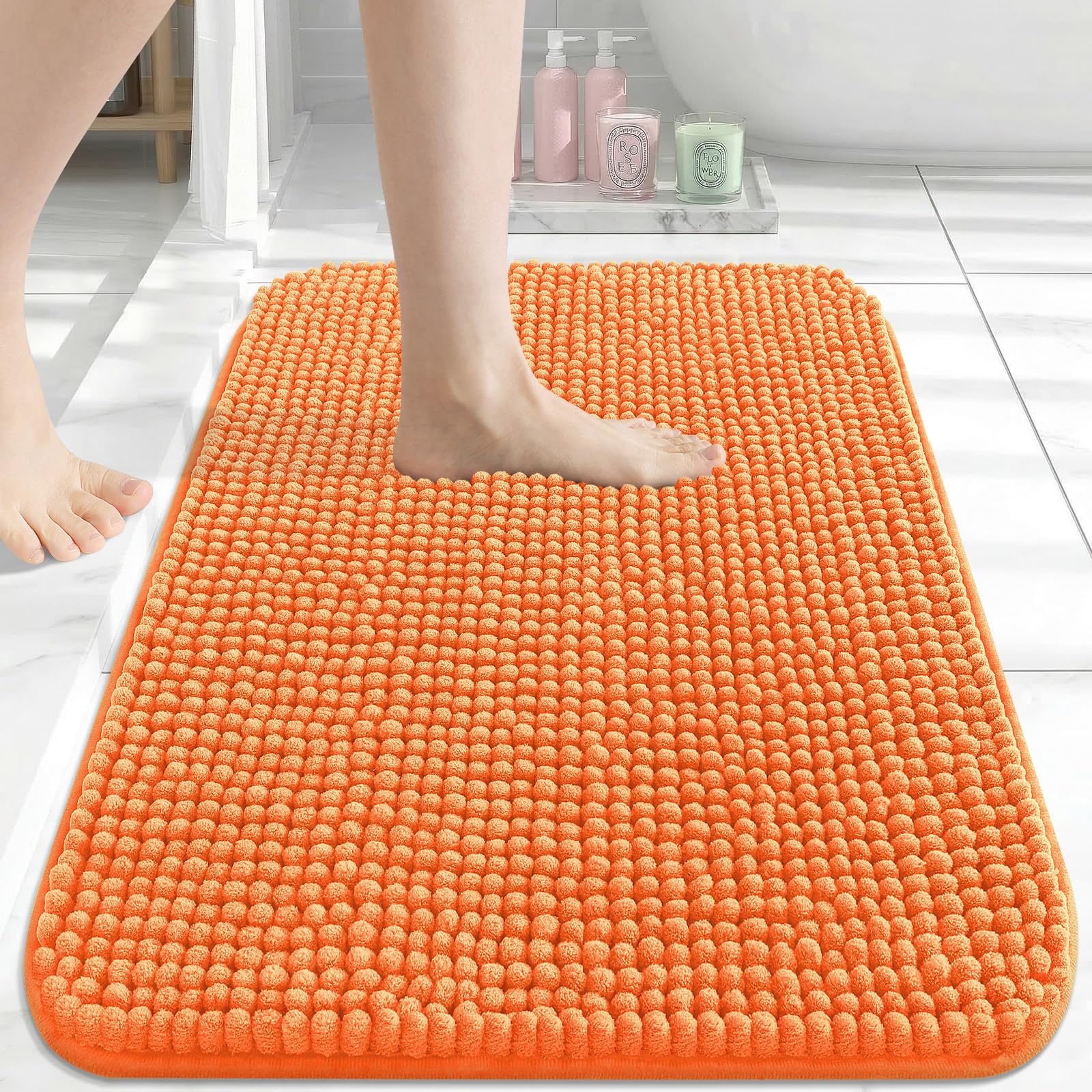 Homaxy Thick Soft Fluffy Bath Mat, Chenille Absorbent Bathroom Mat, Non Slip Bath Mats for Bathroom, Machine Washable Quick Drying Bath Rug, 41×61 cm, Coral