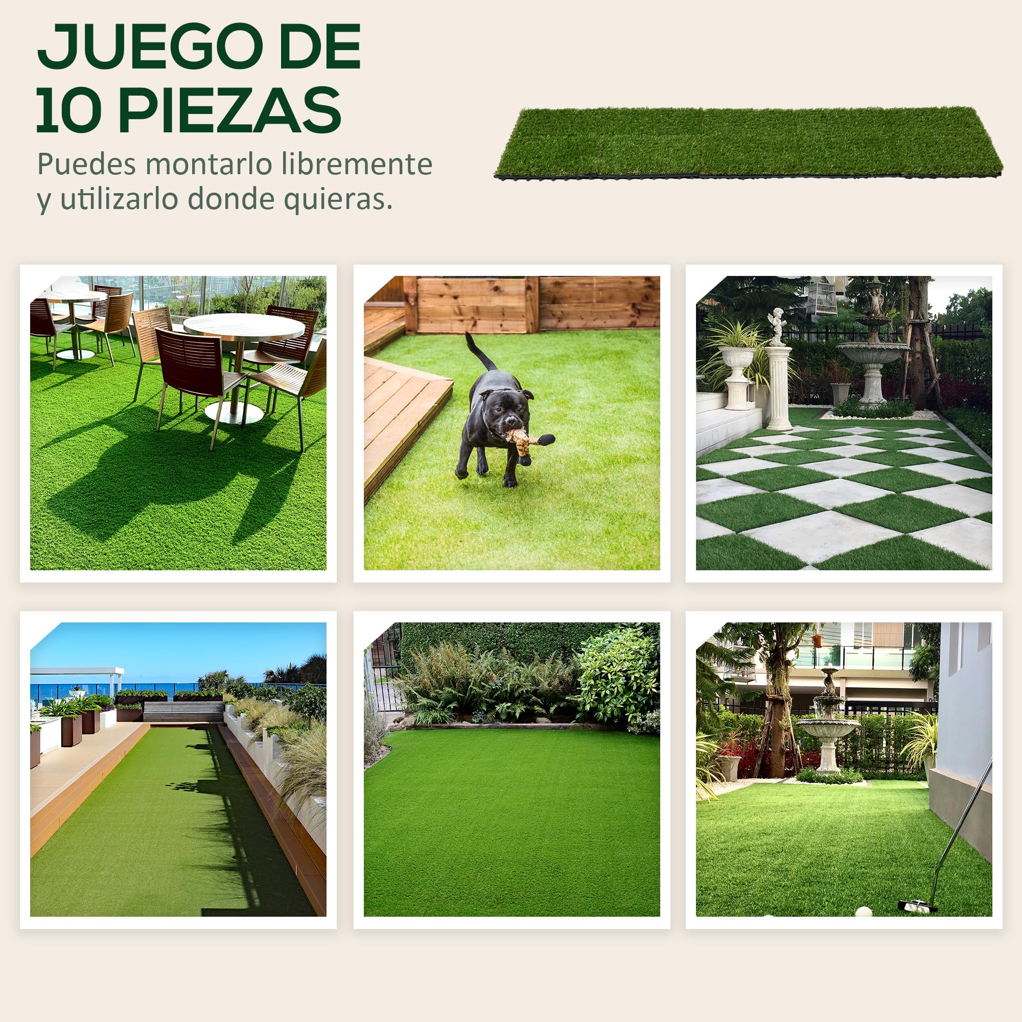 Outsunny Césped Artificial de 10 Piezas Alfombra Césped Artificial 30x30 cm con Altura de Hierba 25 mm Anti-UV para Jardín Patio Balcón Verde Oscuro