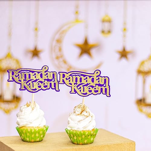 Confetti! 12 adornos para magdalenas de Ramadán Kareem con purpurina de varias capas, decoraciones de fiesta de Iftar con purpurina dorada morada,
