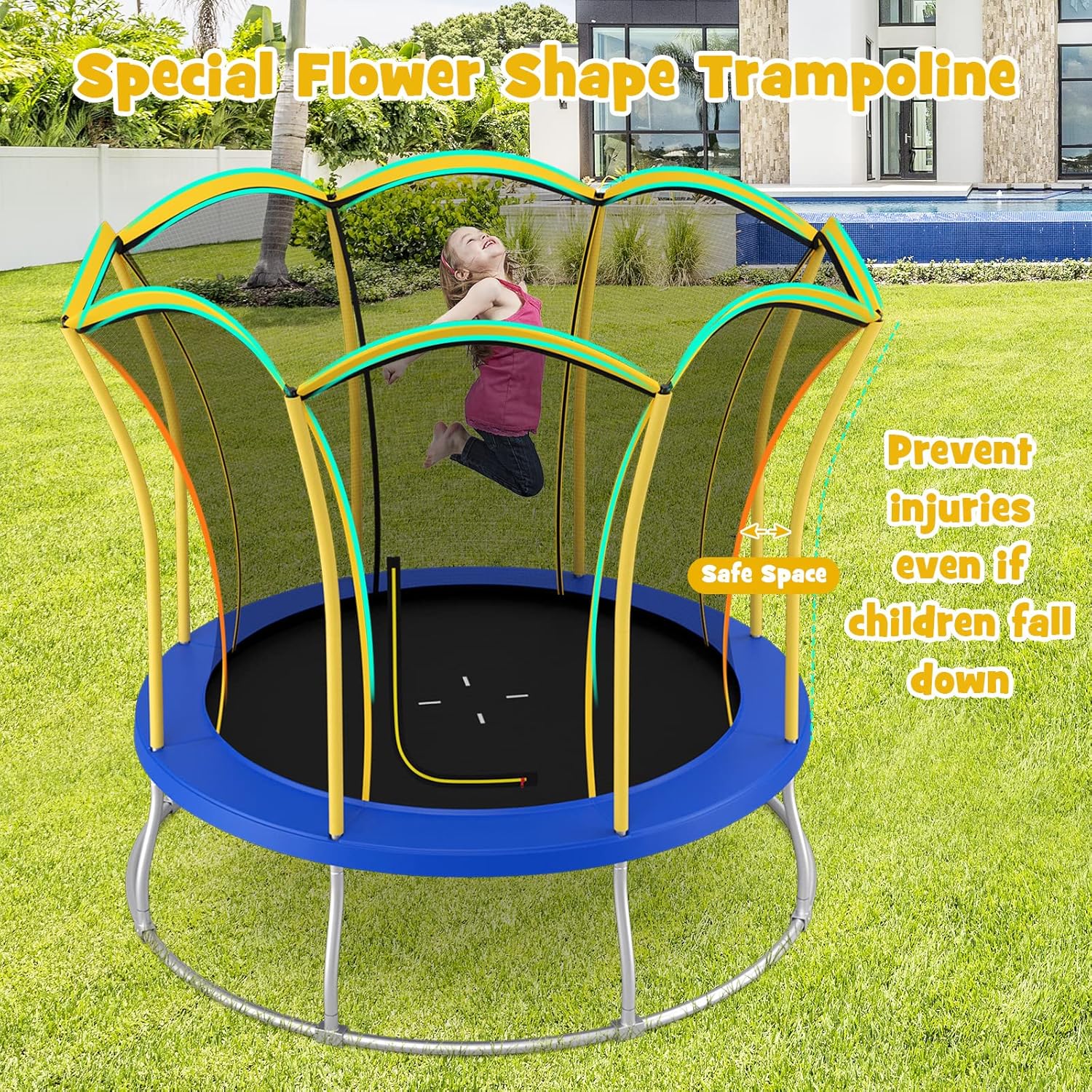 GYMAX Trampoline for Kids, 8/10FT ASTM Approved Recreational Trampoline with All-Round Enclosure & L-Shape Entrance, Flower Shape Indoor Outdoor Backyard Trampoline for Kids and Adults