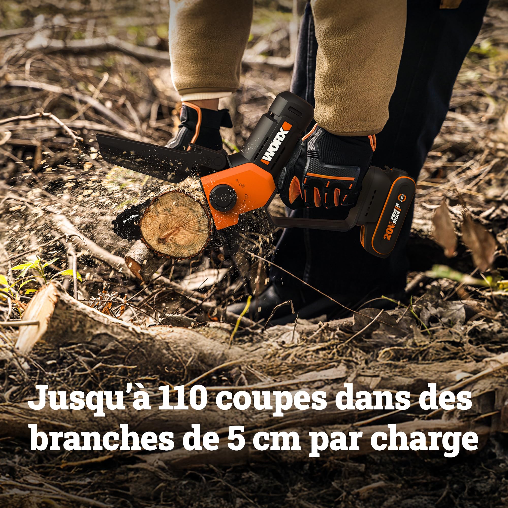 WORX Élagueuse Mini Tronçonneuse sans fil 20V WG326E.9, guide de 12 cm, moteur puissant, compacte et ergonomique, pour élagage, taille, ébranchage, tronçonnage, livrée sans batterie ni chargeur