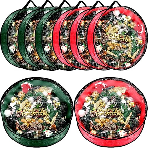 Dunzy 8 bolsas de almacenamiento para coronas de Navidad, contenedor de guirnalda para coronas, de tela resistente a desgarros, cajas redondas con