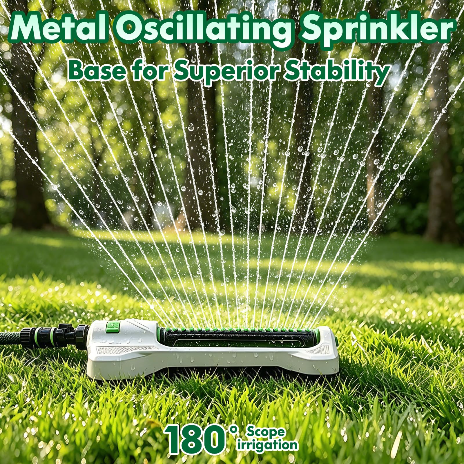 Aspersor oscilante resistente para patio, base de metal, 19 boquillas | Cubre hasta 4.400 pies cuadrados. Gama ajustable, control de flujo, con pasador de limpieza, jardín, patio