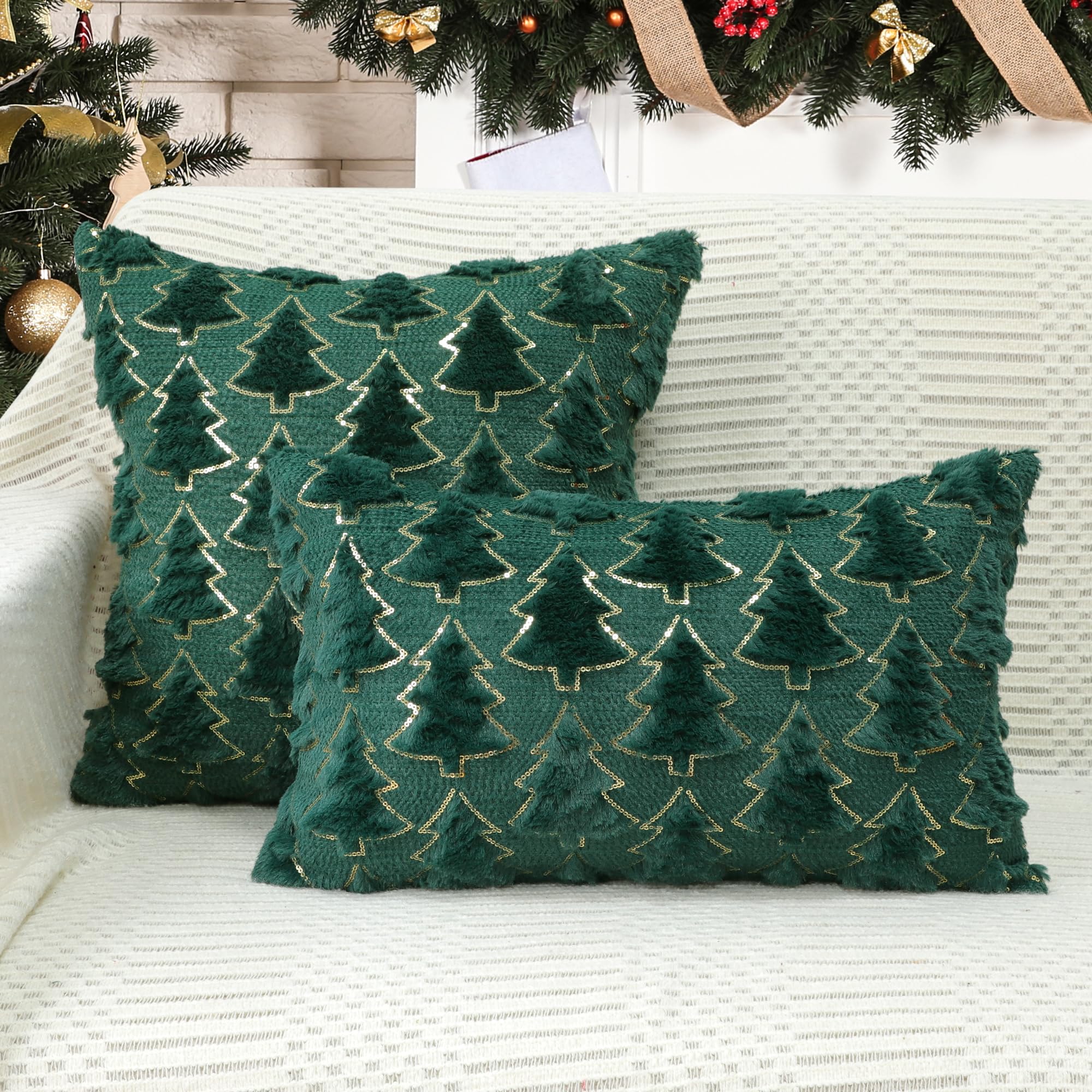 4TH Emotion Christmas Tree Decorative Pillow Covers 18x18 Set of 2, Green Soft Plush Faux Fur Farmhouse Throw Cushion Cases for Xmas Winter Holiday Home Decorations 3