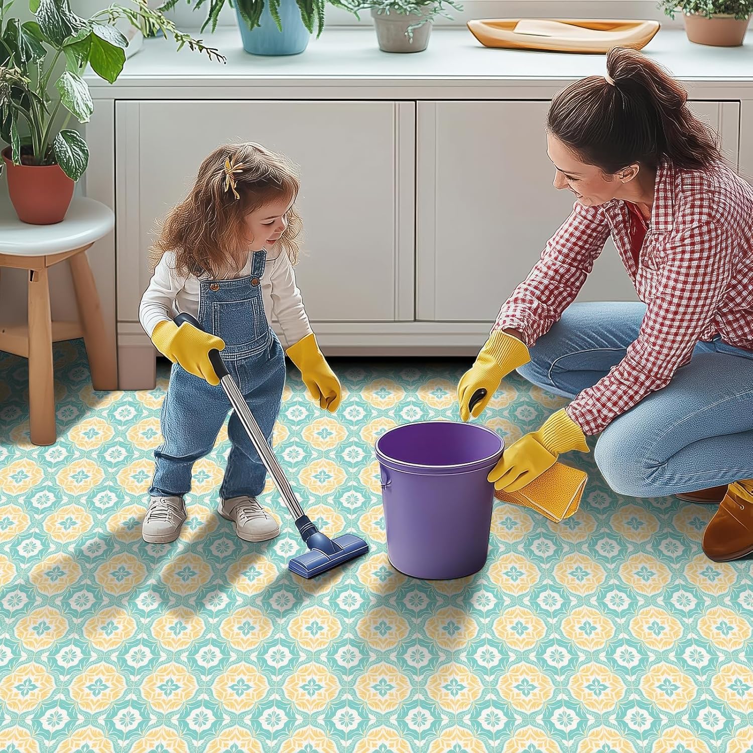 HOMETITUTE 10PCS 12x12 Inch Peel and Stick Floor Tile, Yellow Leaf & Turquoise Floral Pattern, Removable Vinyl Removable Floor Tile for Kitchen Bathroom Living Room Entryway Home Decor