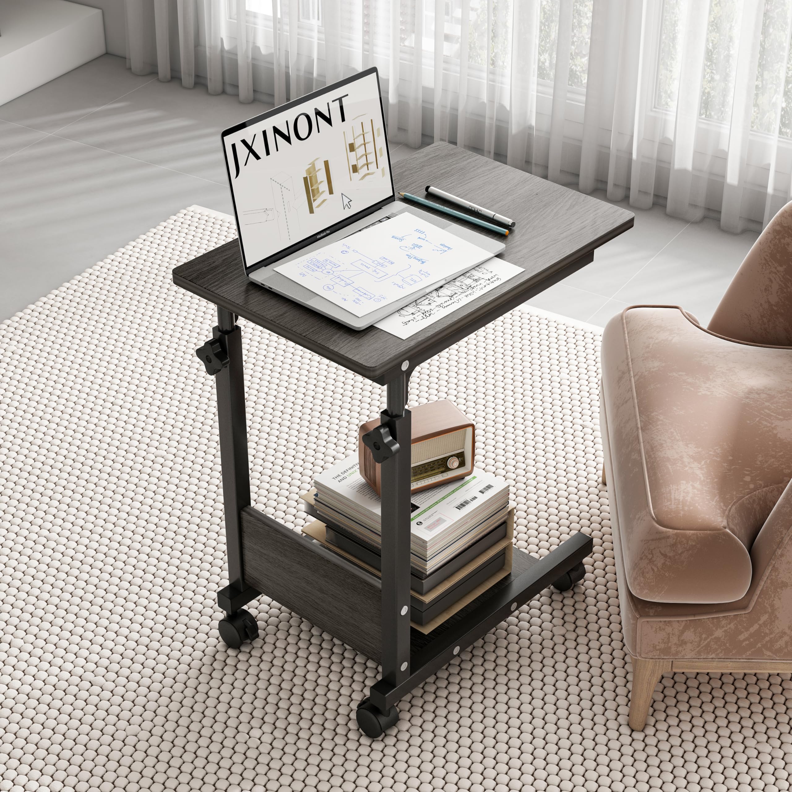 Mobile End Table Titing Adjustable Couch Bed Tray Cart Laptop Stands with Wheels, Medical Table-Grey