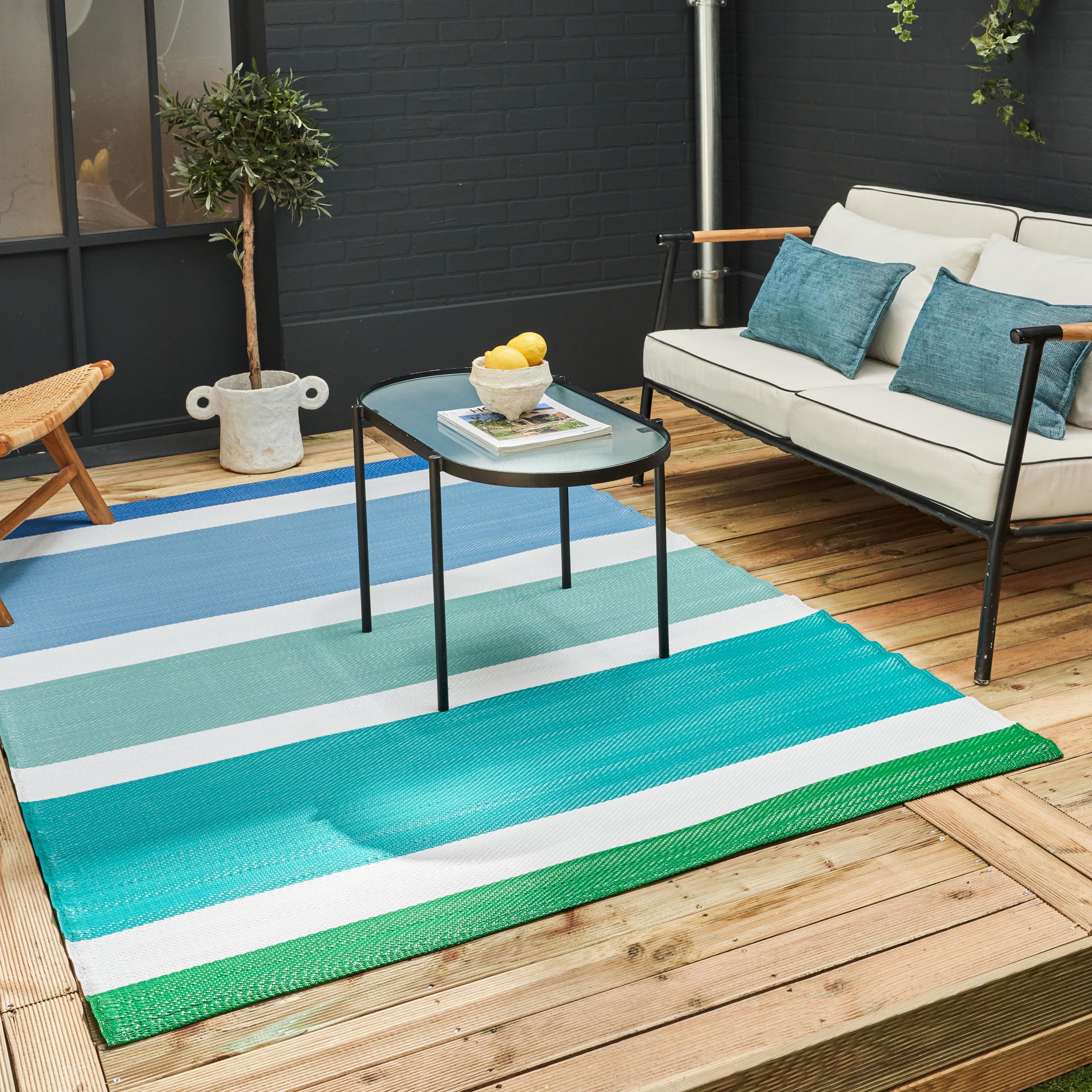 The Rugs Blue Reversible Weatherproof Outdoor Rug Striped Rainbow 1030 | Size: 150Cm X 220Cm