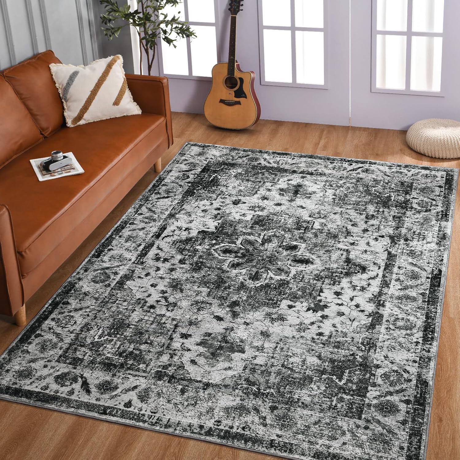 YOH Boho Washable Rug 6x9, Black Vintage Non Slip Area Rug, Distressed Indoor Carpet for Living Room Bedroom Kitchen Office 6' x 9' (Rectangular) Black