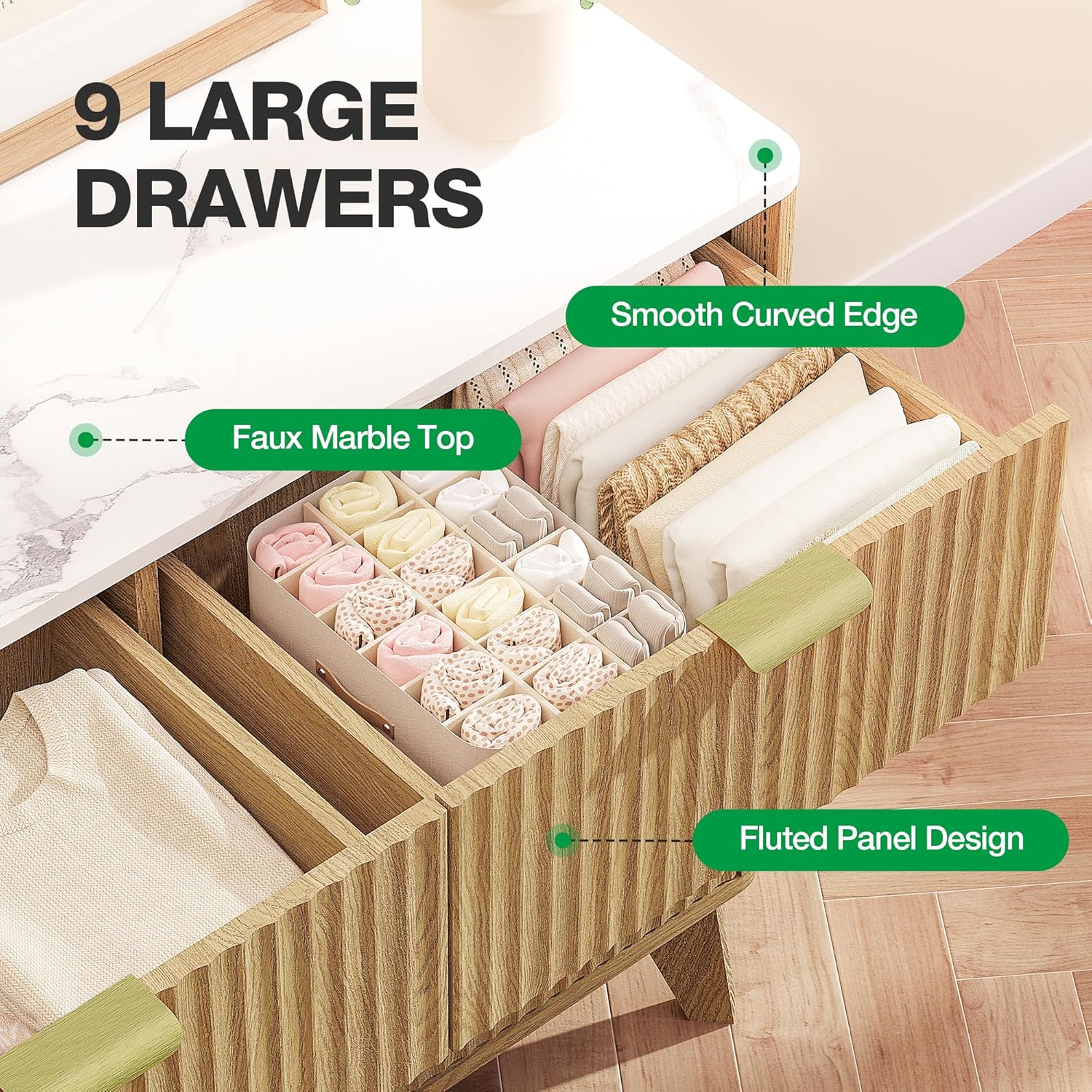 57" Fluted 9 Drawer Dresser with Arc-Shaped Corner,Modern Chest of Drawers with Metal Handle, Wood Closet Clothes Storage Organizer with Curved Edges for Bedroom,Natural