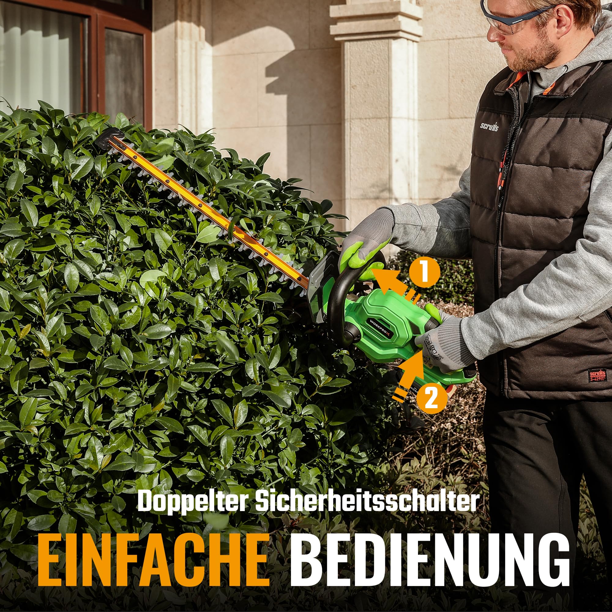 WORKPROX Heckenschere Akku 20V mit 2,0Ah Batteie & Typ-C Ladekabel, Elektrischer Heckentrimmer Schnittlänge 51cm, Schneidedurchmesser 18mm, Heckenschneider Ideal für Garten, Hecken & Sträucher
