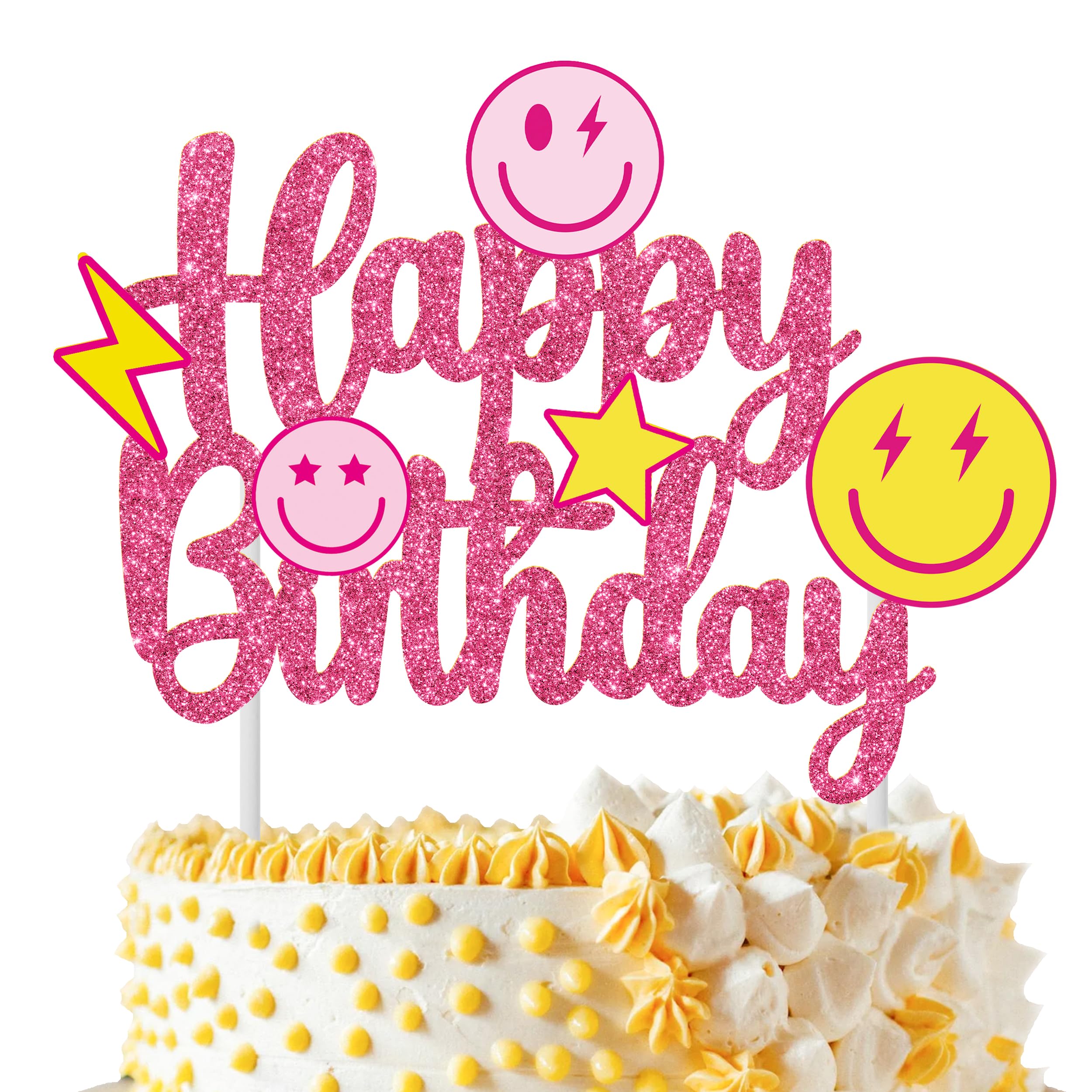 Smile Face Party Cake Topper - Preppy Birthday Decoration - Rose Red Smile Face Happy Birthday Cake Pick - Girls Themed Bachelorette Party Supplies