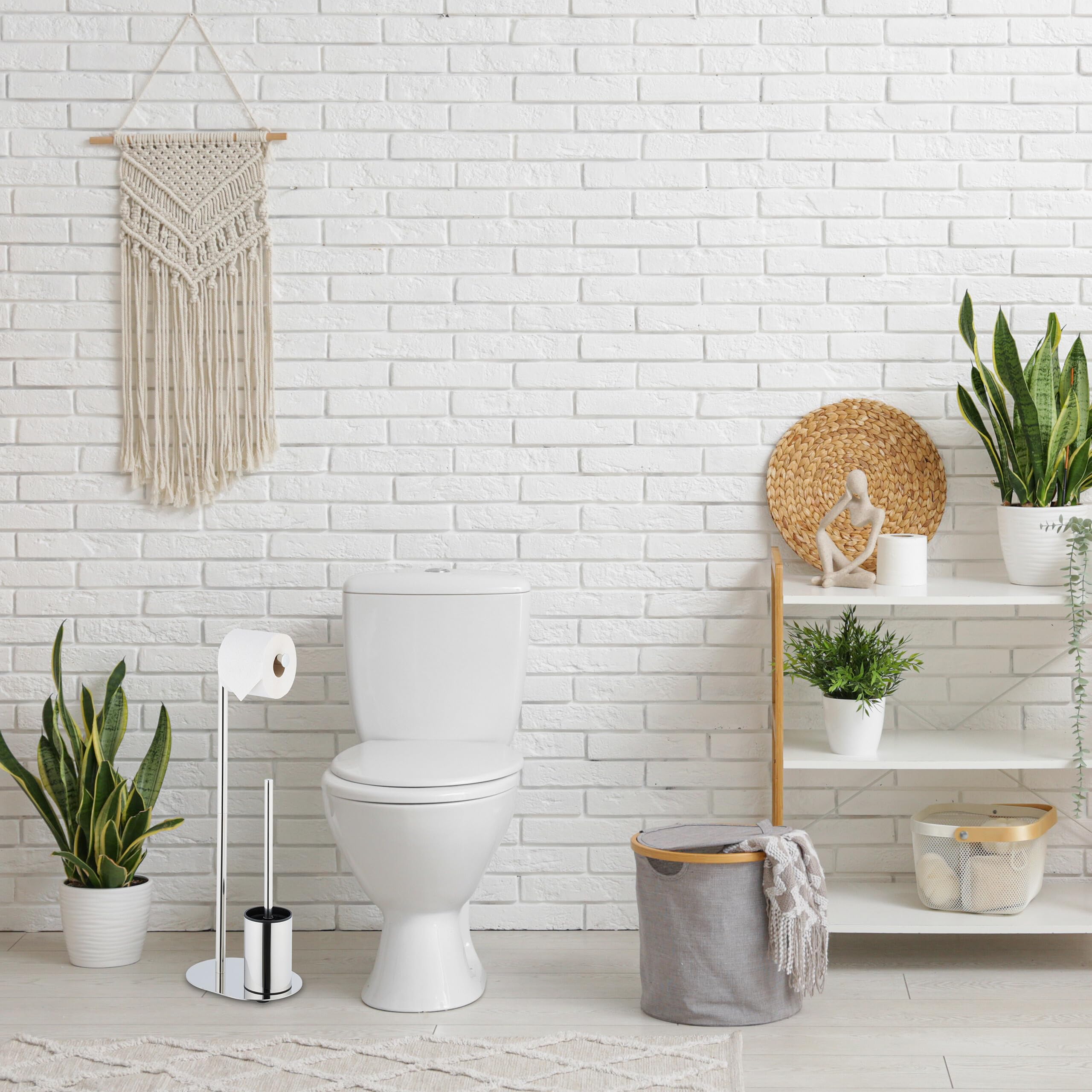Relaxdays Escobillero y Portarrollos para Baño, Acero Inoxidable, 63x23x17 cm, Escobilla con Soporte Vertical, Plateado