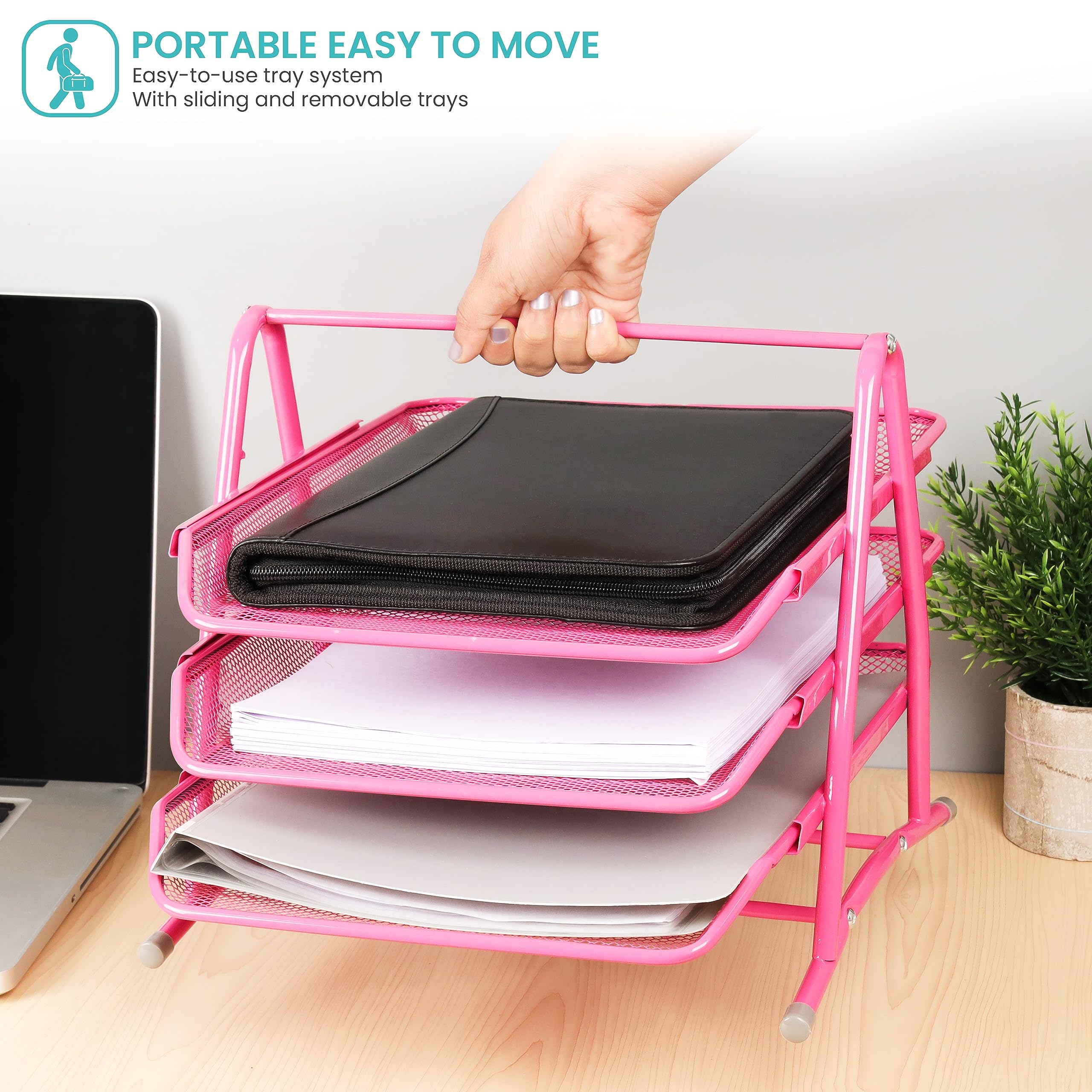 3-Tier Mesh Desk Organizer With Handle - Pull-Out Letter Trays For A4 Paper, Black