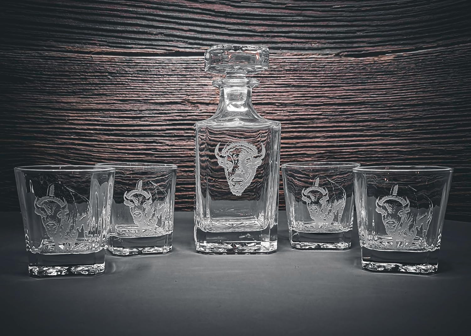 Badger N Bow Sand Carved Bison Decanter Set | Include 4 Whiskey Glasses | 750mL Square Glass Decanter | 11 oz Rocks Glasses | Gift Box | Made in The USA