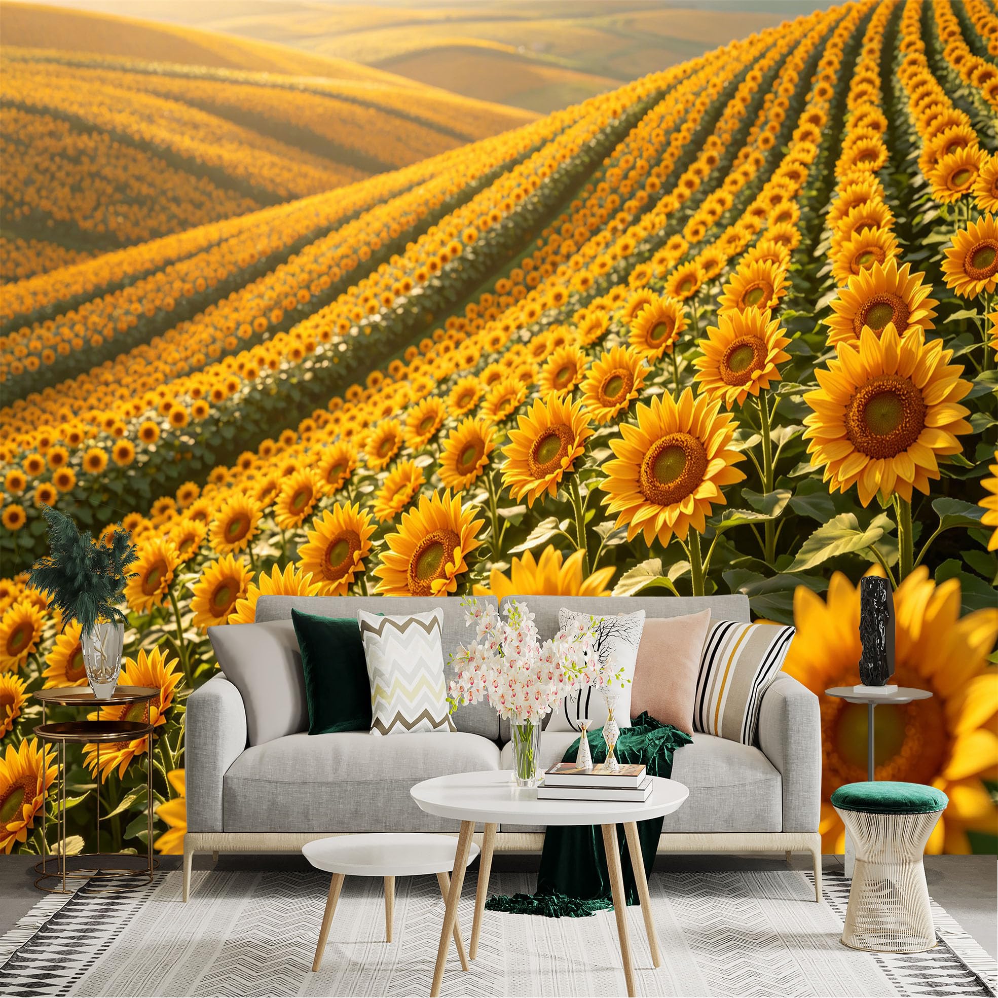 Lnzczhyre Dbh260521884 Custom Size Wall Sticker Mural， Vast Golden Sunflower Field Under Warm Morning Sunlight， Beautiful Countryside Scenery， For Wall Decoration， Peelandstick Wall Decals.