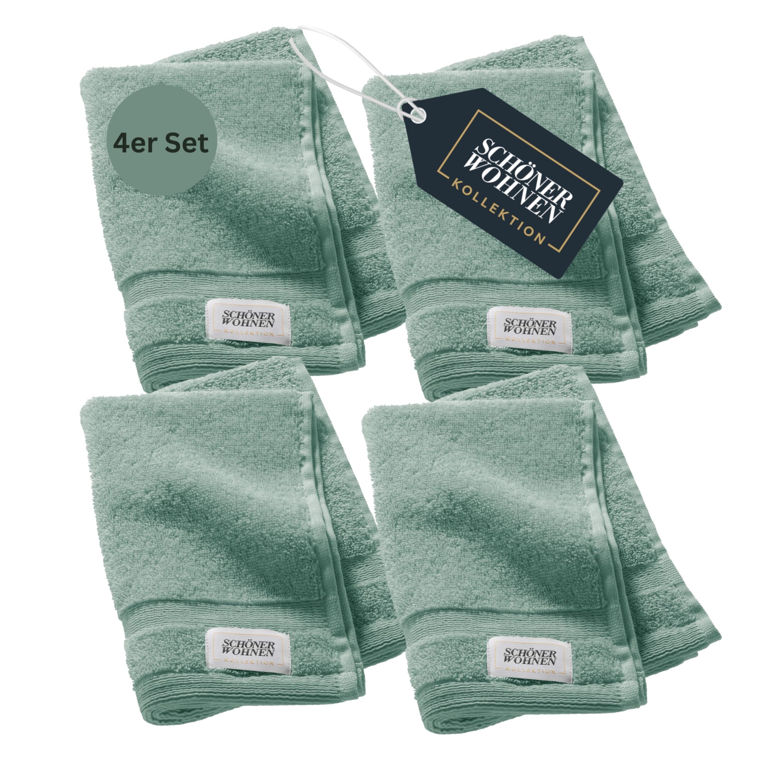 SCHÖNER WOHNEN 4er Set Premium Gästehandtuch 30x50 cm - saugstark - Luxus Handtücher Grün 4teilig - 100% Baumwolle - flauschig weich - als Handtuch-Set kombinierbar - Frottee Kinder - Öko-Tex