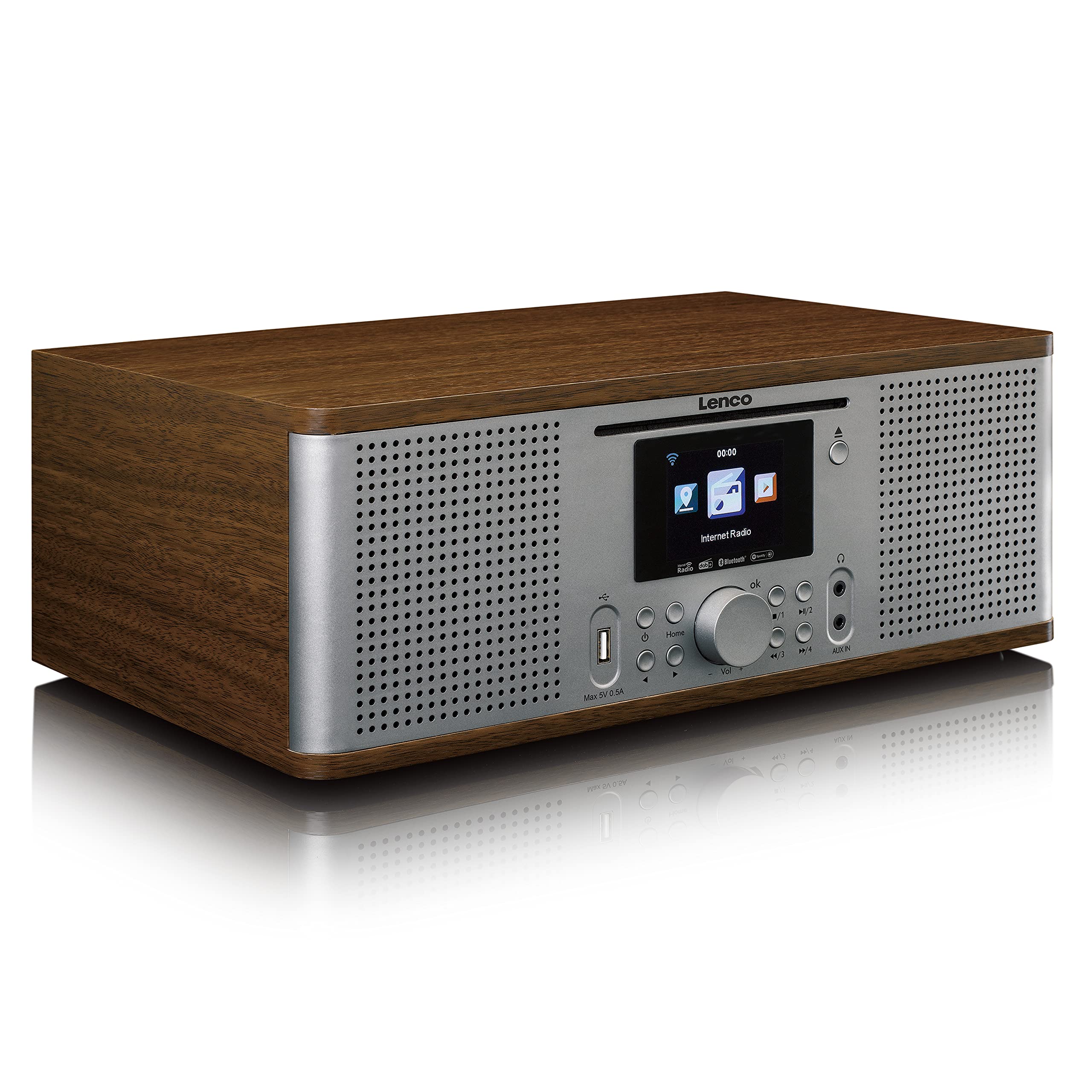 Lenco DIR-270 Radio Internet, DAB+, lecteur CD/MP3, Bluetooth, Spotify Connect, Wi-Fi, écran couleur 2,8", AUX, fonction réveil, 2 x 10 W RMS et télécommande, Bois/argenté