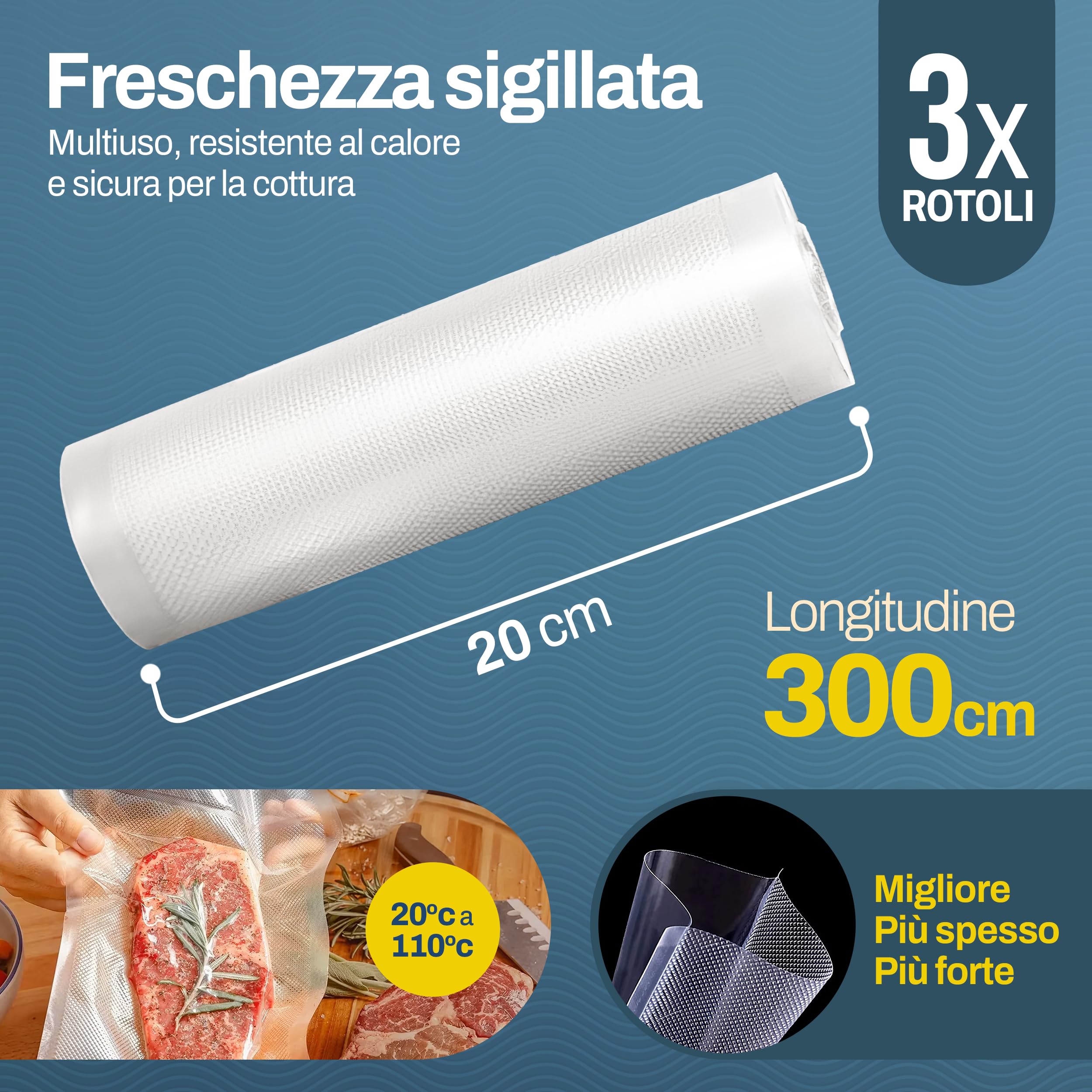 PORTENTUM Sacchetti Sottovuoto Alimneti, 3 rotoli 20 x 300 cm (totale 9 m) Sacchi commerciali per conservazione alimenti e cottura Sous Vide