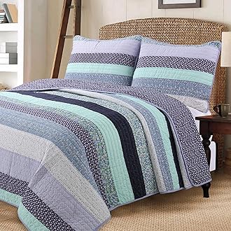 100% Cotton Hand Piecing Reversible Lilac Purple Floral Striped Cottage Quilt Bedding Set Coverlet Bedspread for All Seasons (Lilac Stripe, Queen-3 Piece)