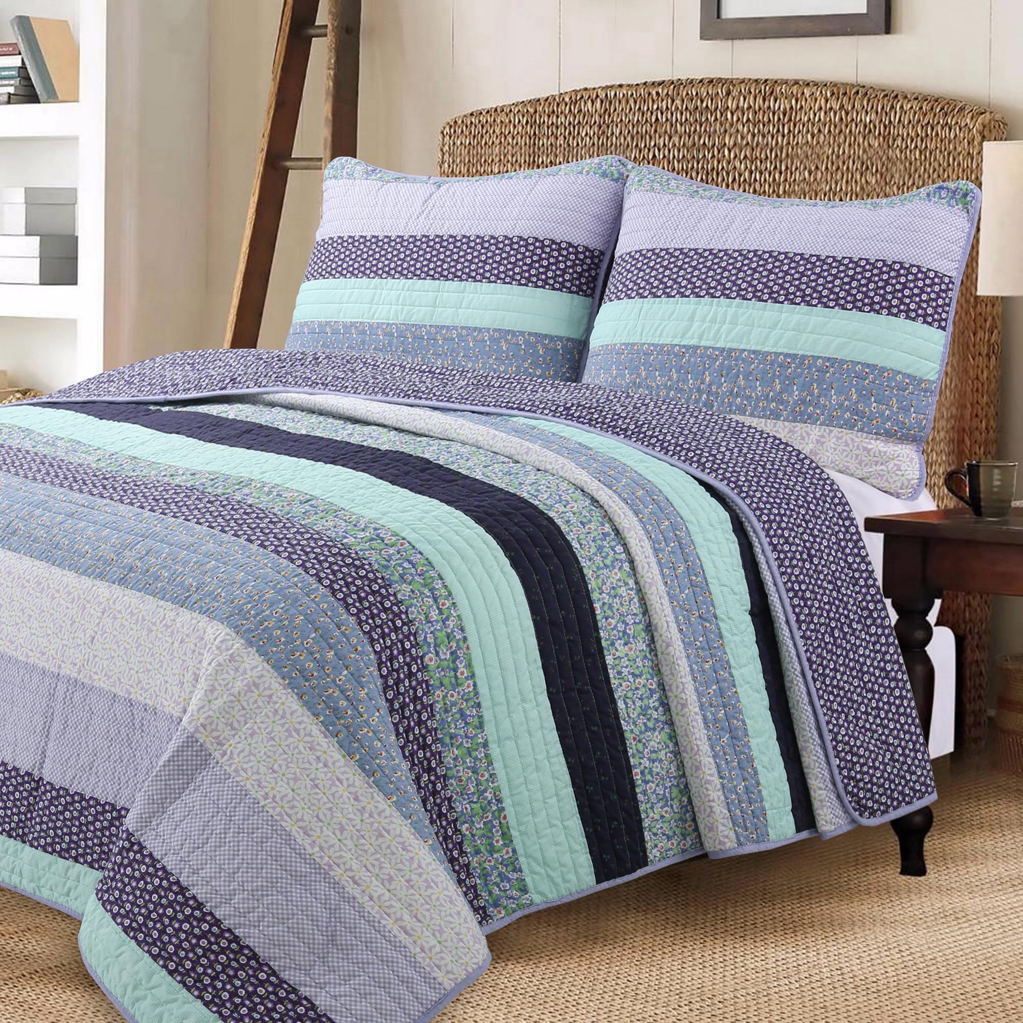 Cozy Line Home Fashions 100% Cotton Hand Piecing Reversible Lilac Purple Floral Striped Cottage Quilt Bedding Set Coverlet Bedspread for All Seasons (Lilac Stripe, Queen-3 Piece)