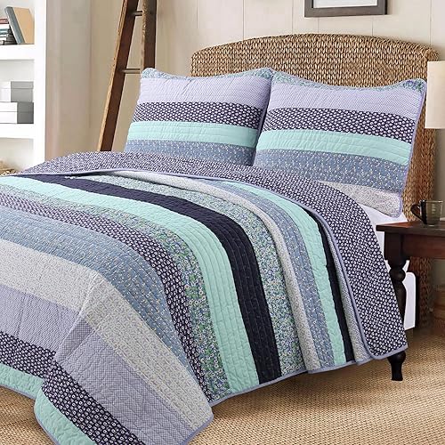 Cozy Line Home Fashions - Juego de ropa de cama reversible de 100% algodón con diseño de flores lilas y rayas púrpuras, colcha de estilo cabaña para