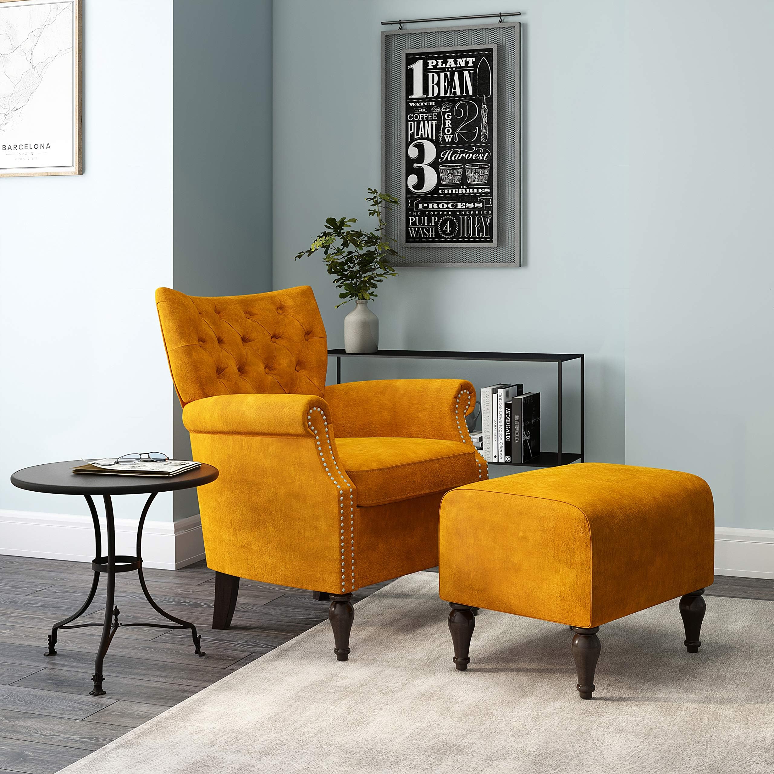 Domesis Button Tufted Rolled Arm Chair and Ottoman Mustard Gold Velvet