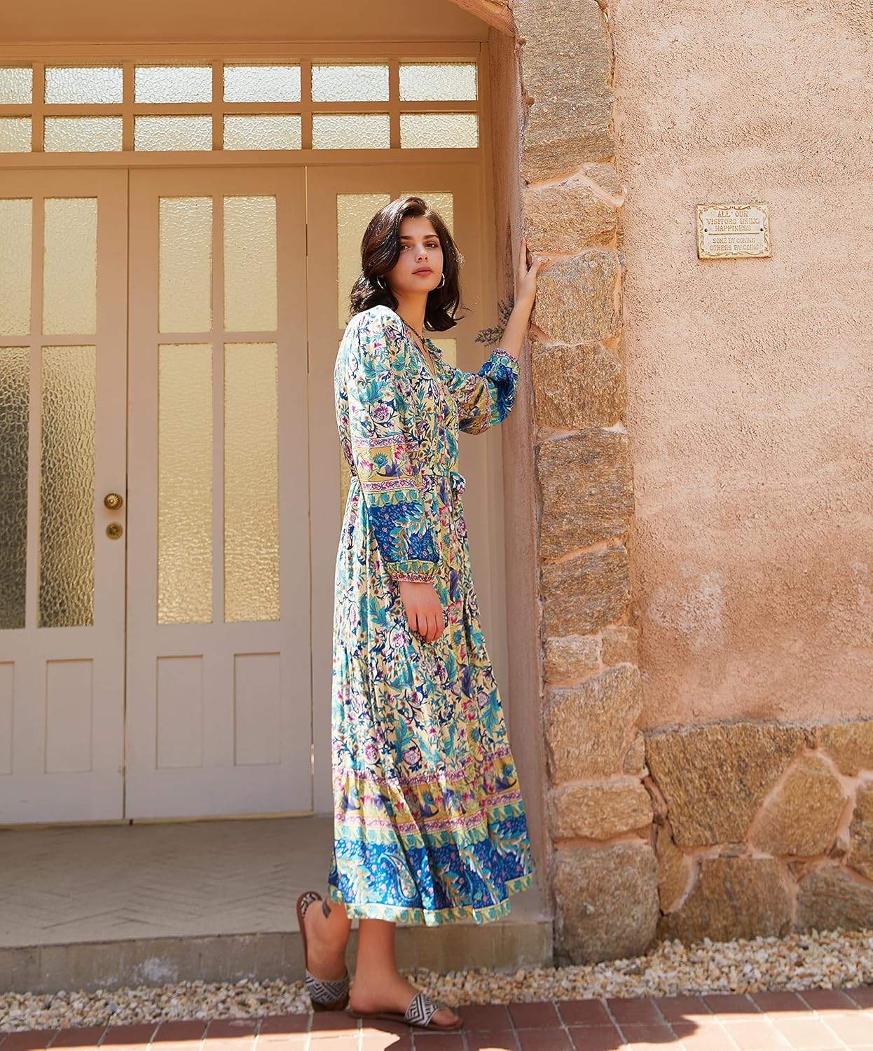 R.Vivimos Women's Long Sleeve Boho Midi Dress V Neck Floral Print Casual Button Down Loose Ruffle Beach Long Dress with Belt - Image 4