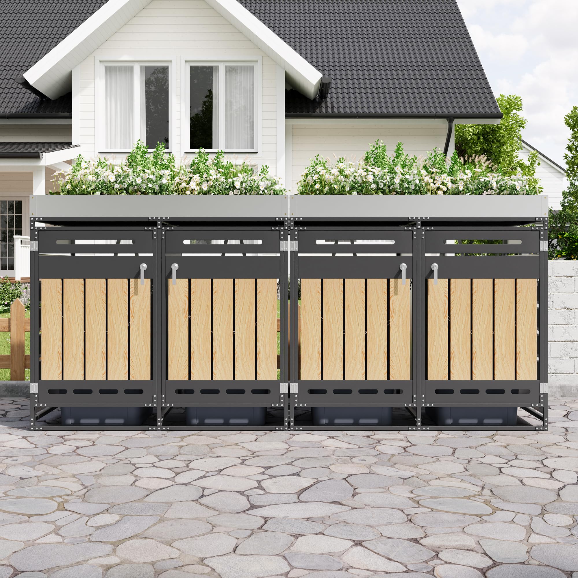 Merax Contenedor de basura de 4 puertas con jardinera, armario de almacenamiento de hierro para jardín, revestimiento para contenedores de basura con cerradura para 4 toneladas, resistente a la