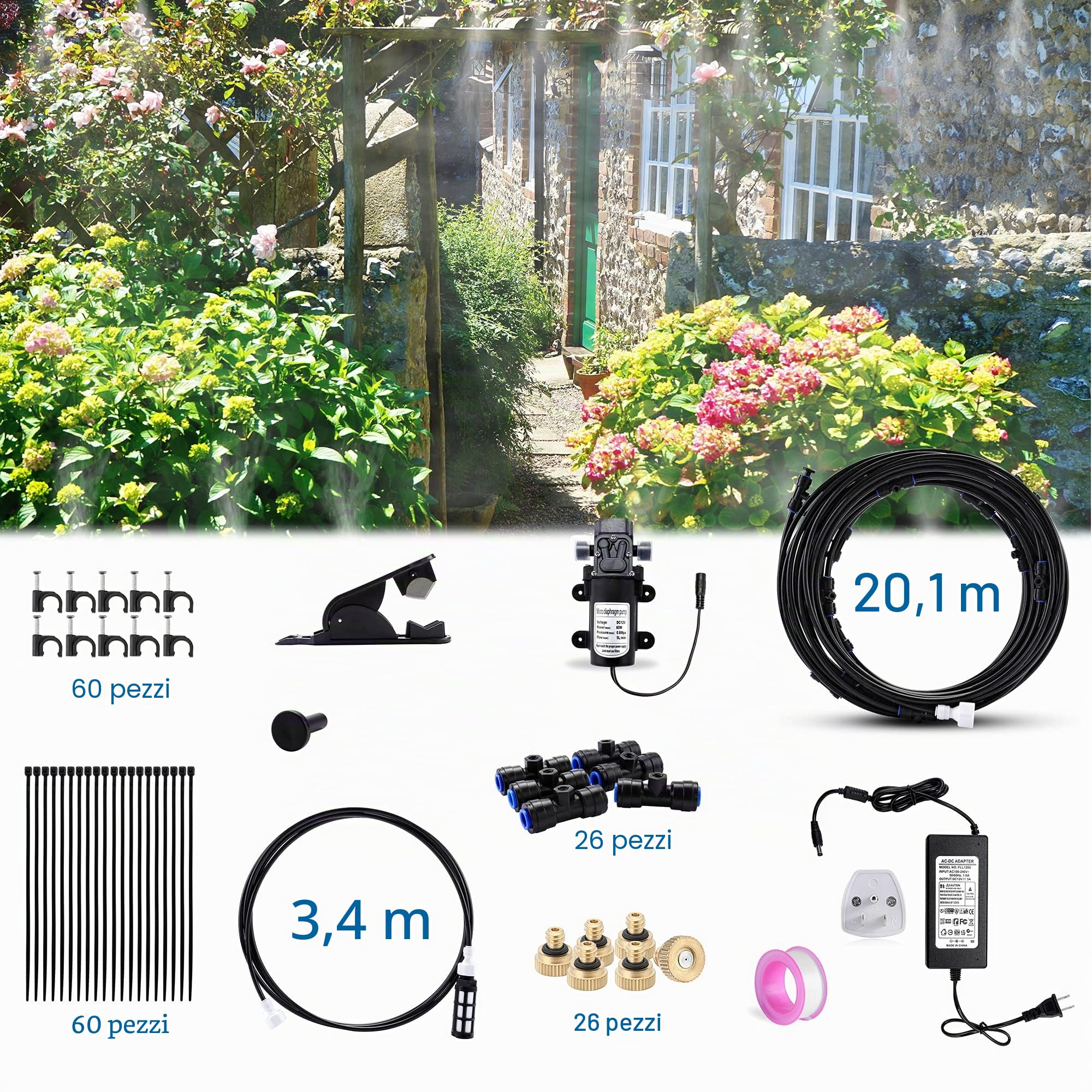 Sistema di raffreddamento per nebulizzazione esterna con kit pompa, 20 m, linea di nebulizzazione con filtro, 26 ugelli nebulizzatori in ottone, 1 adattatore in ottone (3/4"), 12 V DC 60 W 5