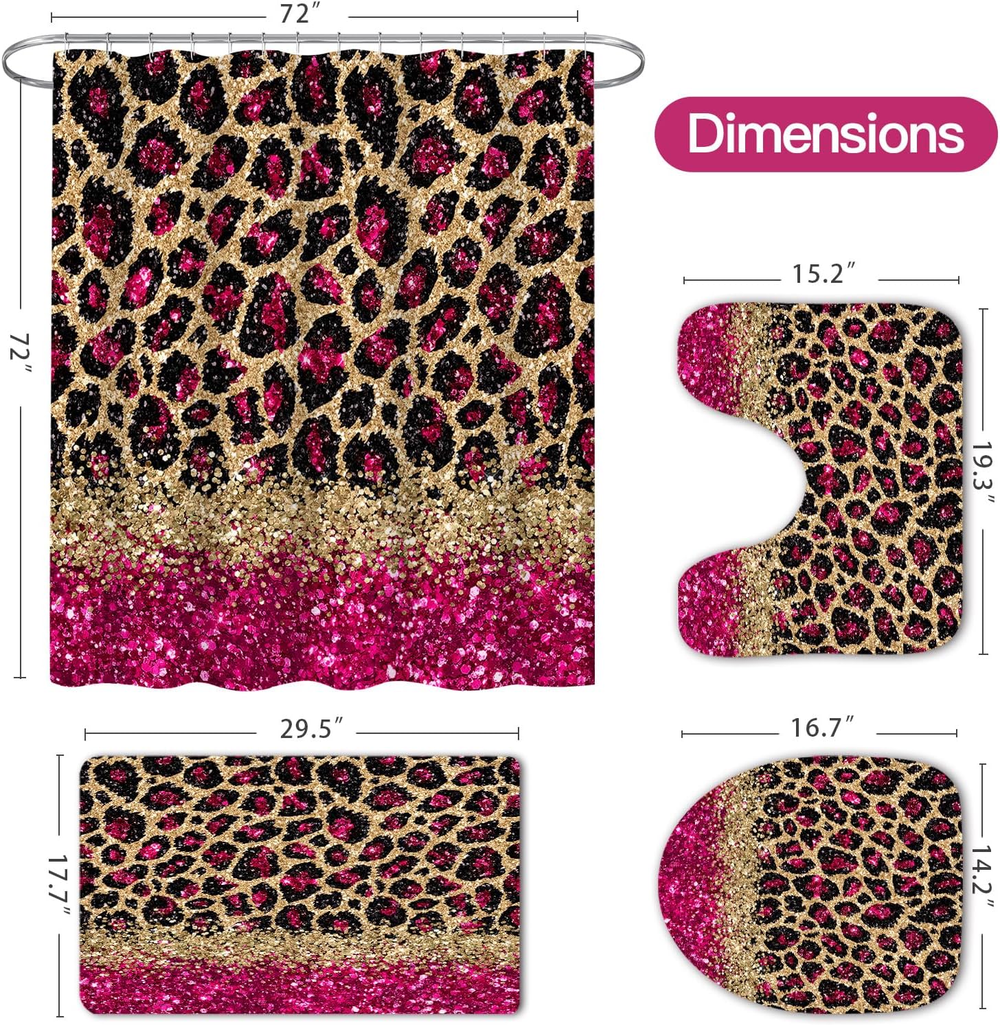 Litabel 4 Pcs Hot Pink Leopard Print Shower Curtain Set with Non-Slip Rugs, Toilet Lid Cover and Bath Mat, Wild Animal Skin Bathroom Decor Set with Shower Curtain and Rugs(Hooks Not Included)