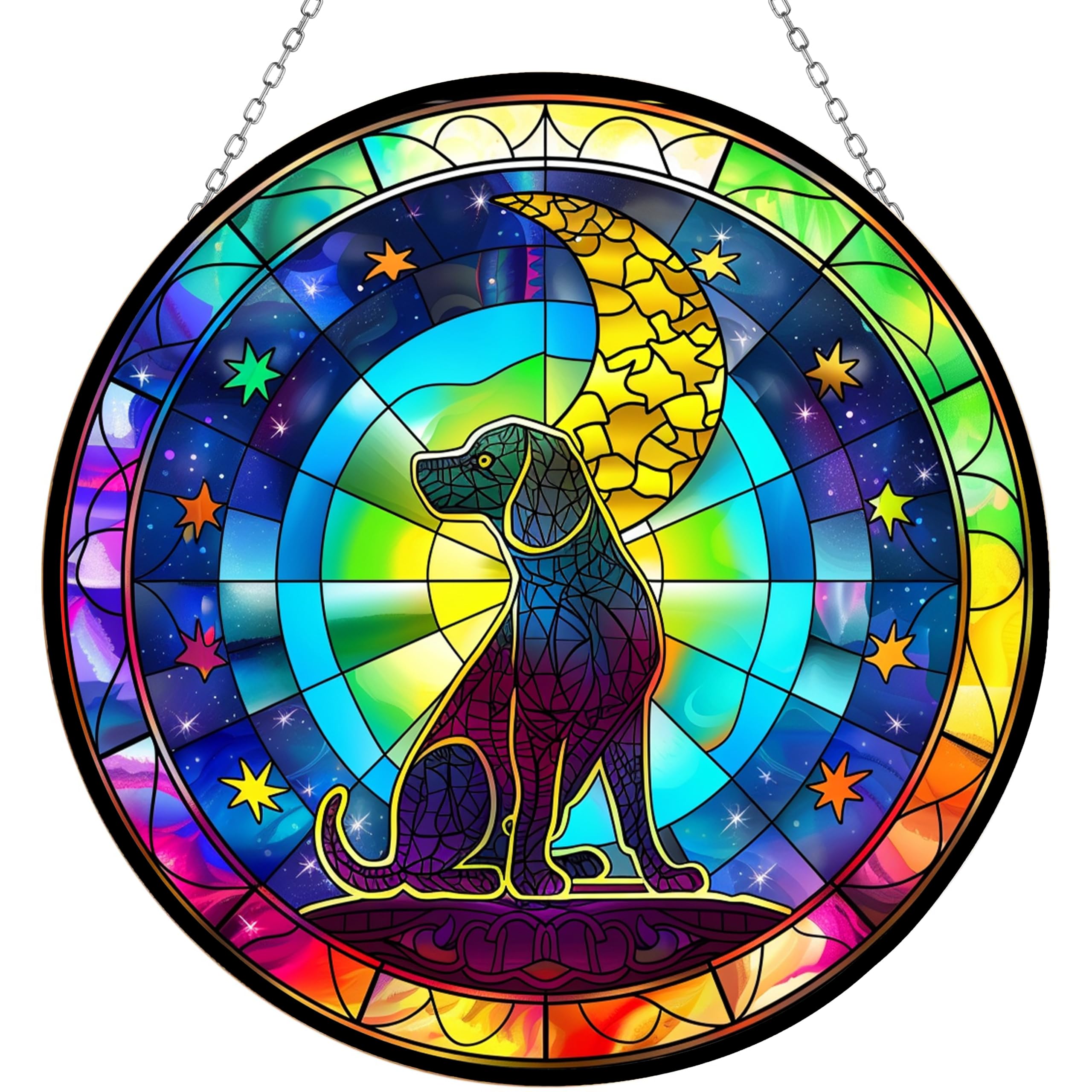 365CUSGIFTS Dog Suncatcher Stained Glass Window Hanging Handmade Stained Glass Suncatchers Decoration with Metal Chain Outdoor Garden Decor Gift for