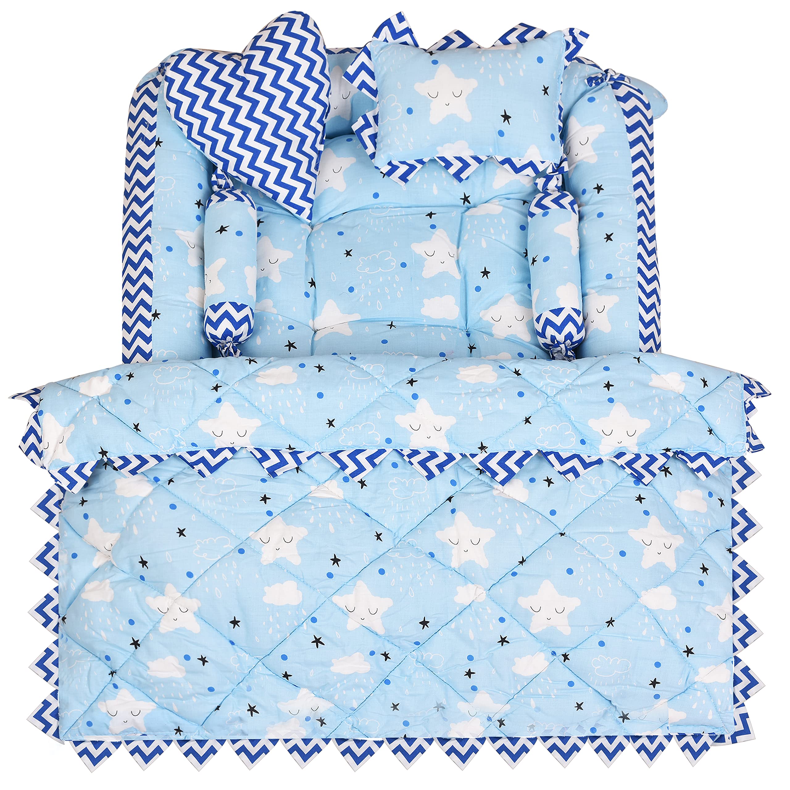 AD's Cuddle Premium Baby Nest Pod for Newborns & Infants, 100% Cotton, Portable Baby Lounger with Bedding Set, Bolsters, Pillows & Soft Blanket, 0–12 Months, Blue