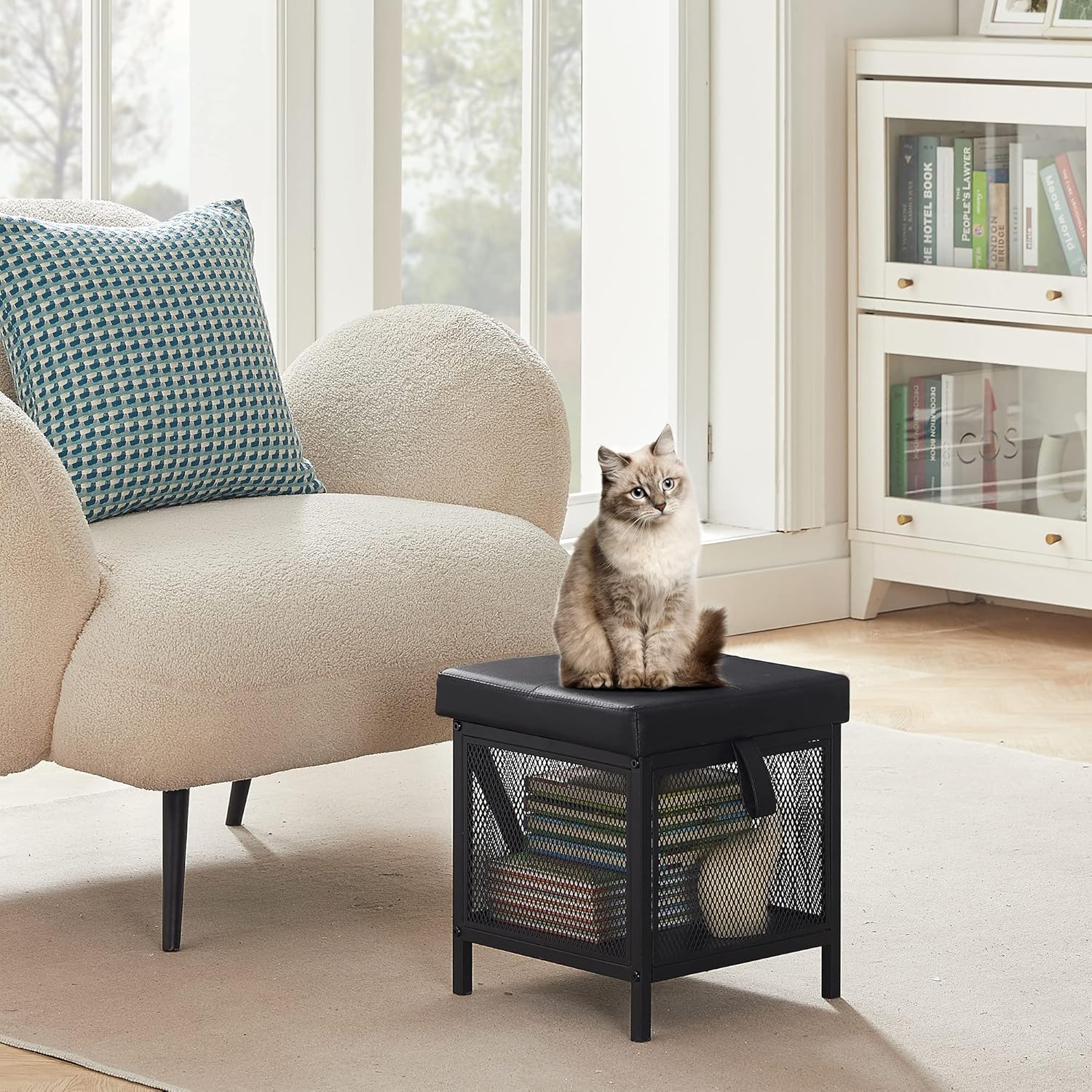 VECELO Storage Ottoman, Footrest Footstool, 13.8'' Small Square Ottoman Cube for Living Room/Bedroom, Faux Leather Ottoman Storage Cubes with Lids, Holds up to 466 lbs, Black