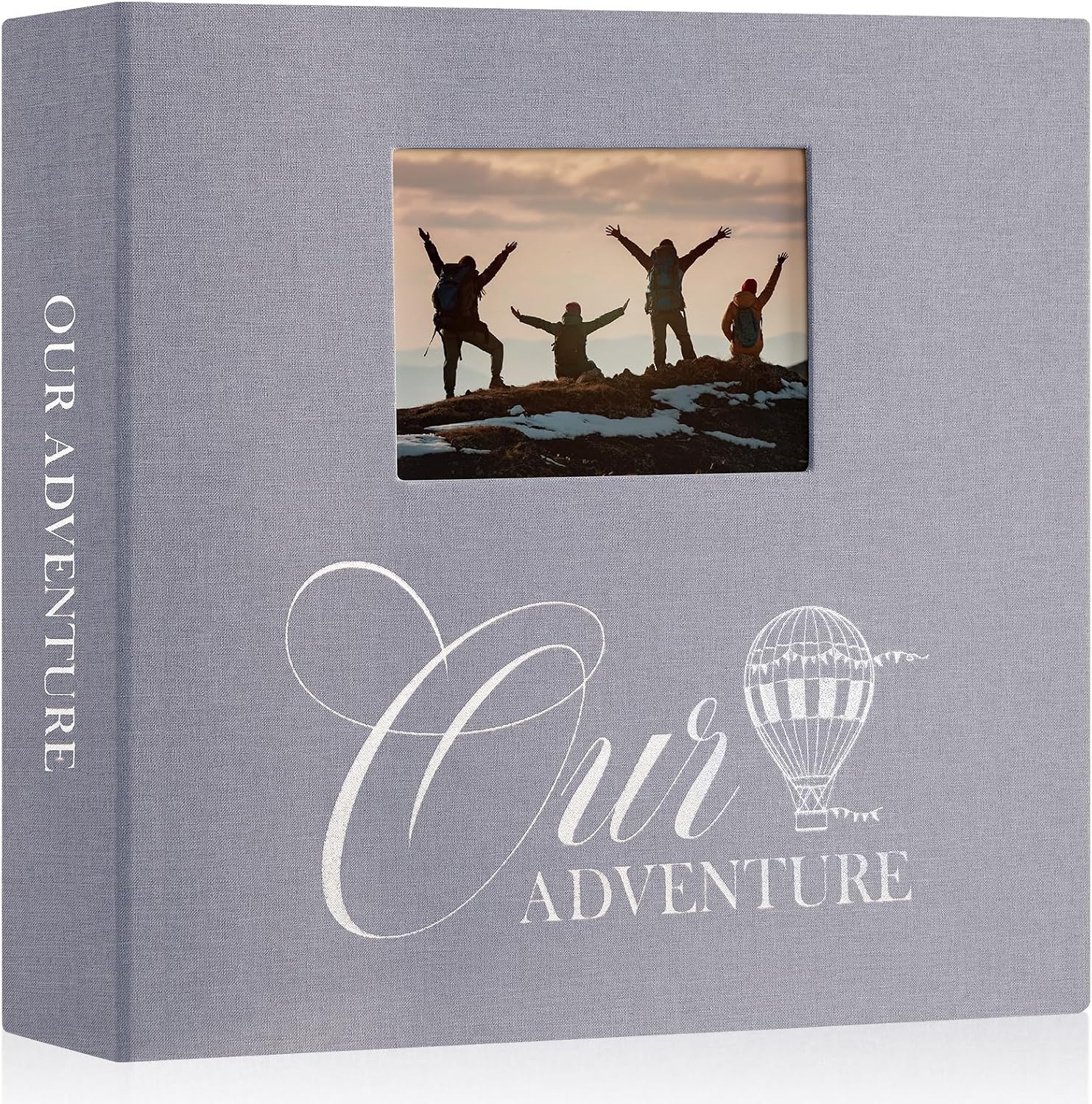 Lanpn Photo Album Scrapbook 12x12, OUR ADVENTURE Linen Cover Window Balloon Design Top Load 3 Ring Folder Binder Travel Photobook Photo Book 12 x 12 inch with 30 Plastic Sleeves 60 Pages Grey