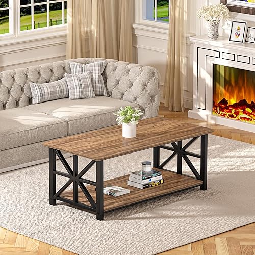 Miniatura 9 de GreenForest Mesa auxiliar con esquina redonda, mesa central de granja con estante de almacenamiento de 2 niveles, diseño de marco en X para sala de